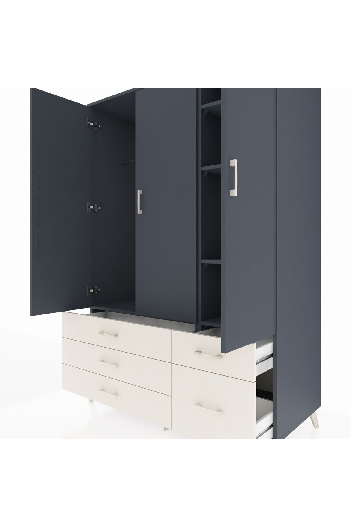 Kronos Dolap 5 Raflı 5 Çekmeceli Tek Askılı 132x59x195 Antrasit-Antrasit/Aytaşı