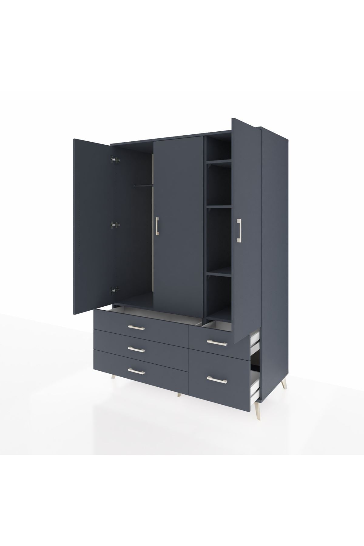 Kronos Dolap 5 Raflı 5 Çekmeceli Tek Askılı 132x59x195 Antrasit-Antrasit/Antrasit