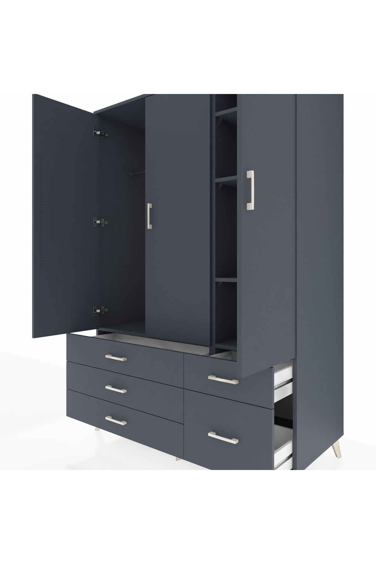 Kronos Dolap 5 Raflı 5 Çekmeceli Tek Askılı 132x59x195 Antrasit-Antrasit/Antrasit