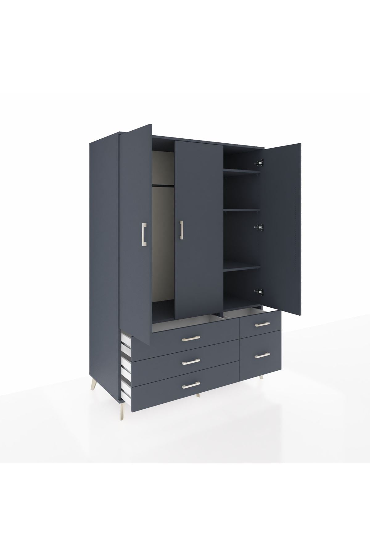 Kronos Dolap 5 Raflı 5 Çekmeceli Tek Askılı 132x59x195 Antrasit-Antrasit/Antrasit