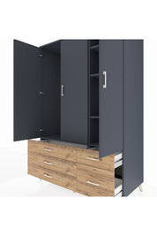 Kronos Dolap 5 Raflı 5 Çekmeceli Tek Askılı 132x59x195 Antrasit-Antrasit/Çam