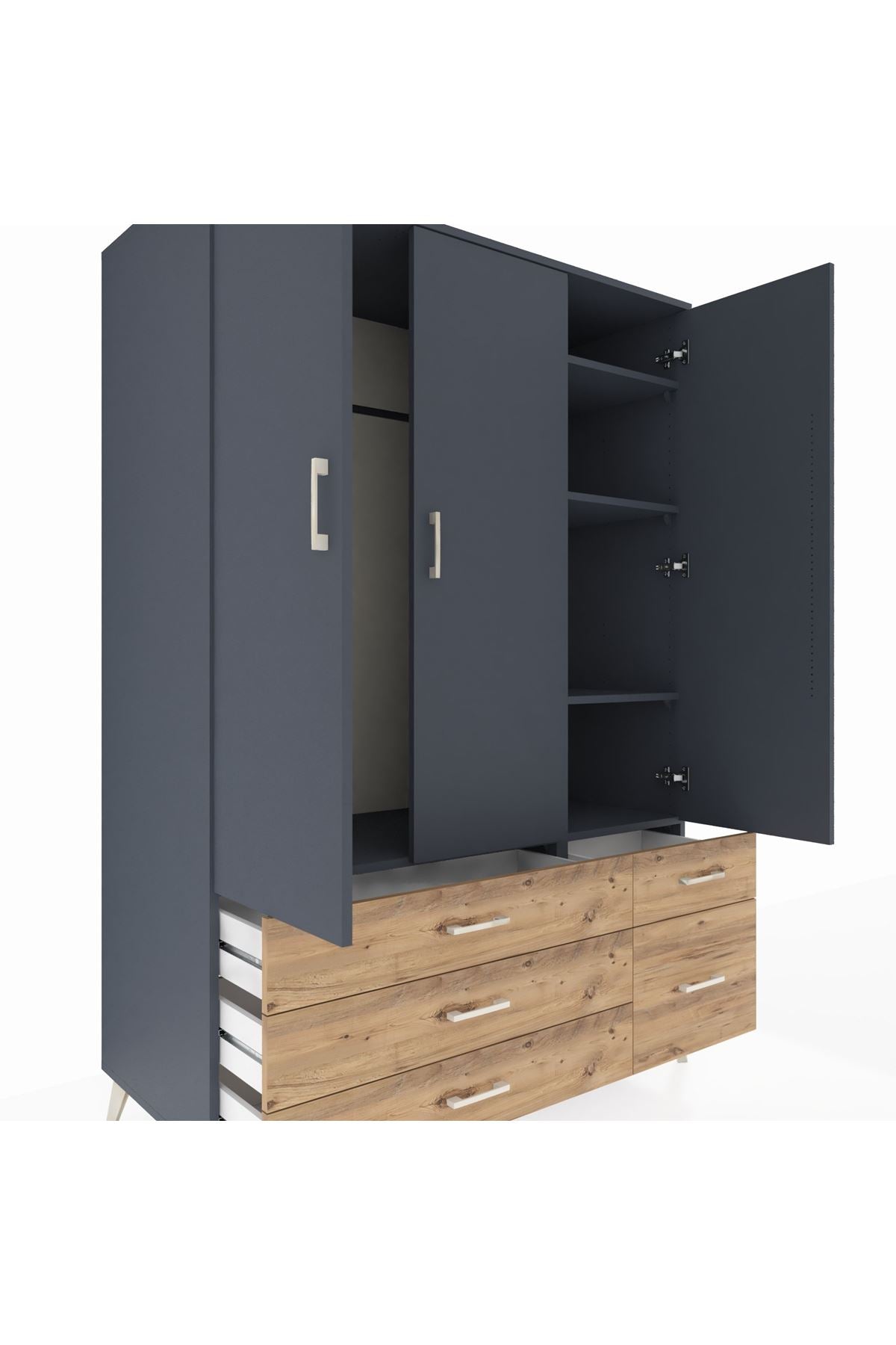 Kronos Dolap 5 Raflı 5 Çekmeceli Tek Askılı 132x59x195 Antrasit-Antrasit/Çam