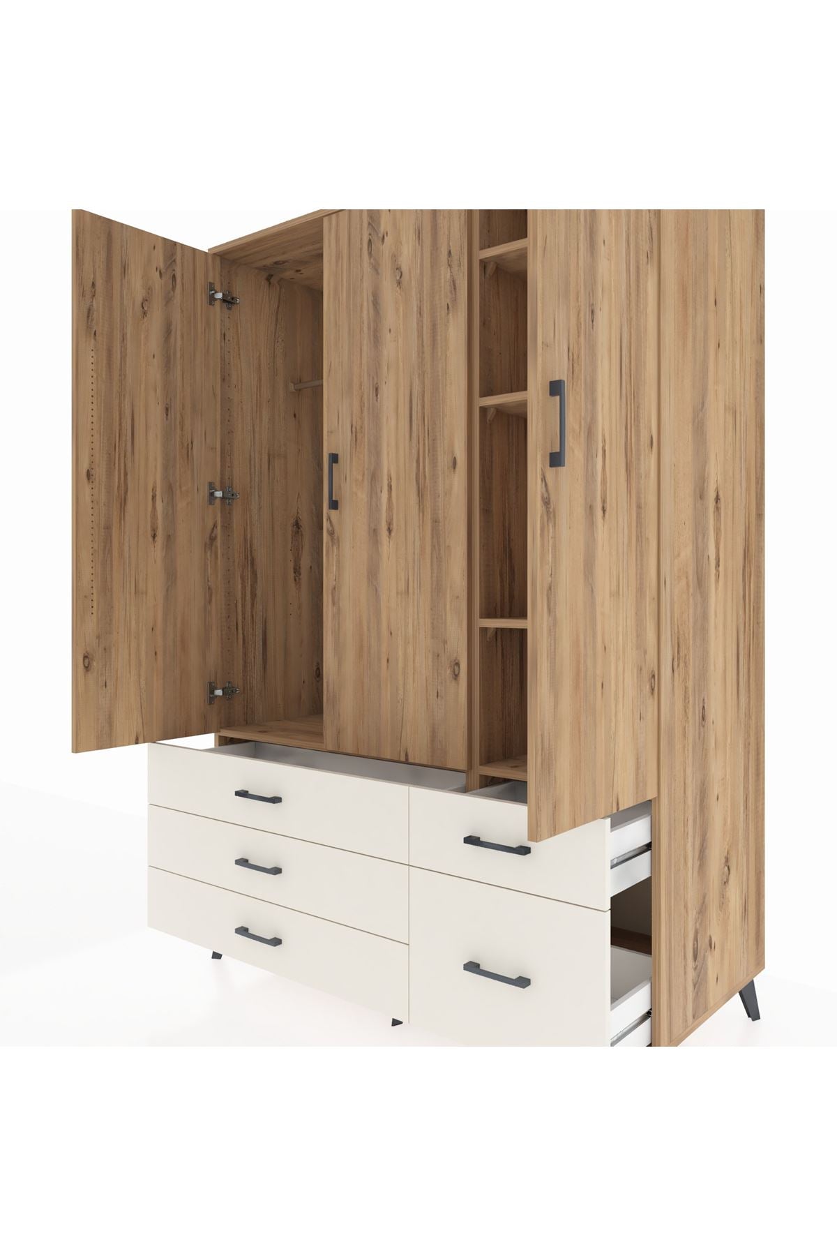 Kronos Dolap 5 Raflı 5 Çekmeceli Tek Askılı 132x59x195 Çam-Çam/Aytaşı