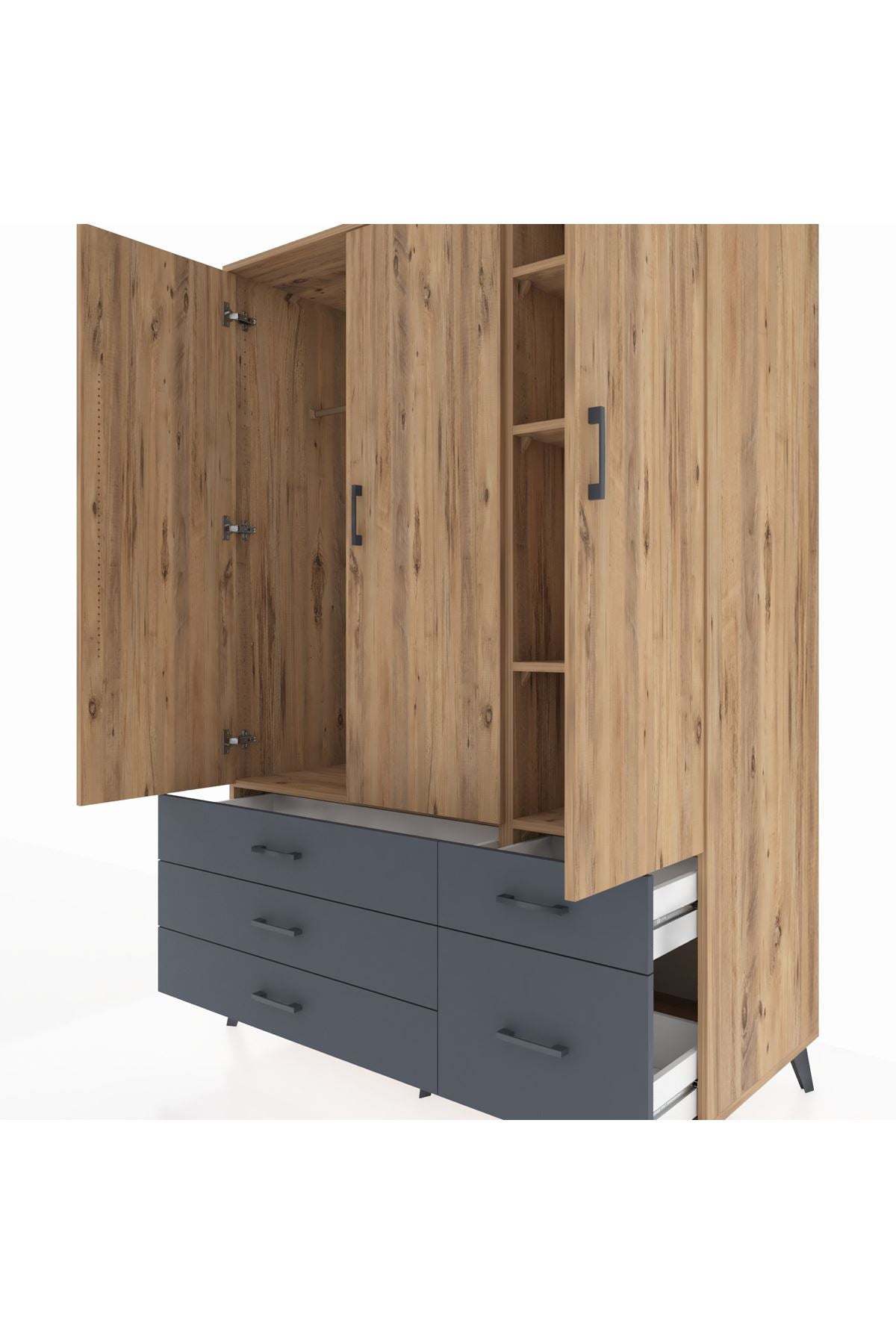 Kronos Dolap 5 Raflı 5 Çekmeceli Tek Askılı 132x59x195 Çam-Çam/Antrasit