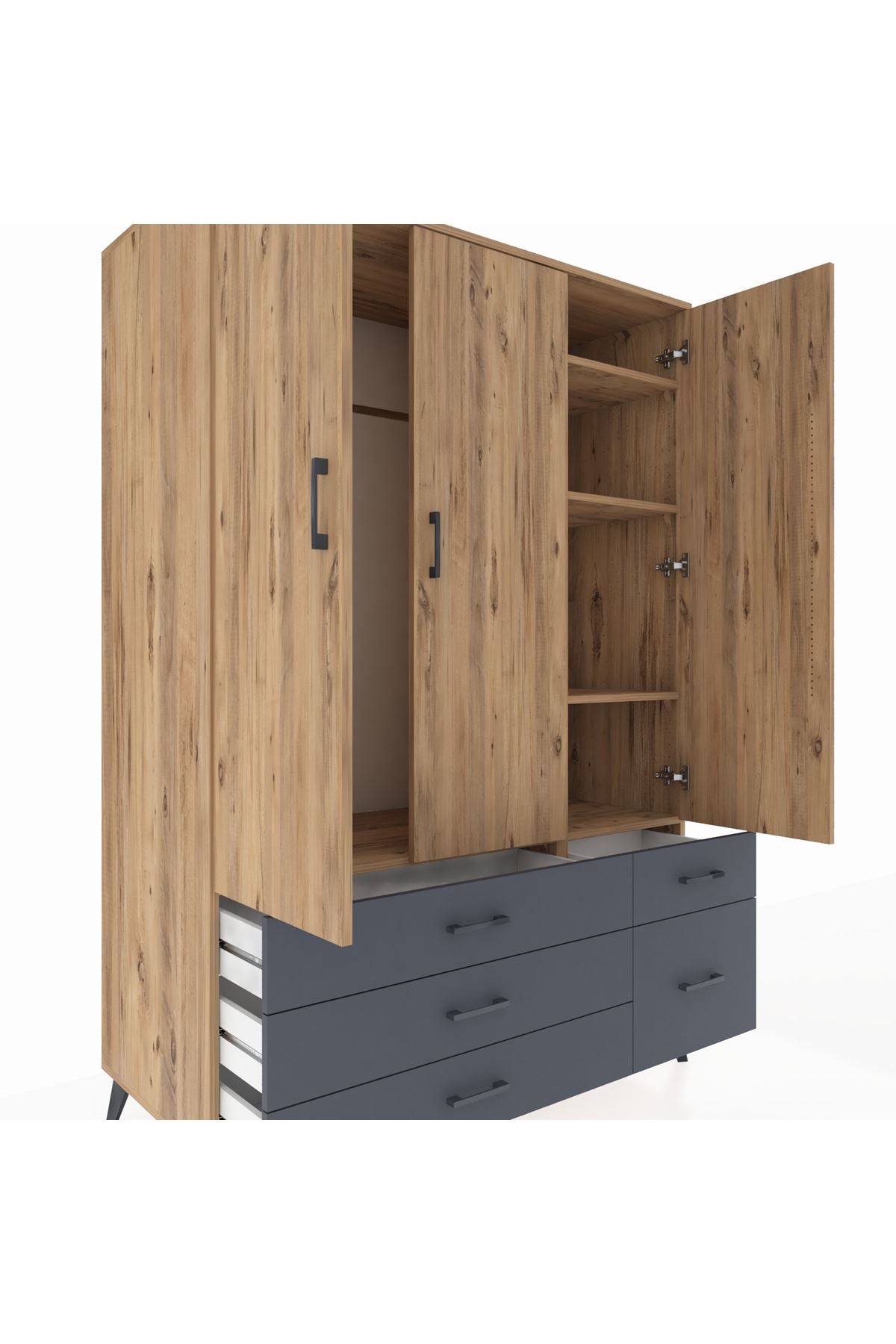 Kronos Dolap 5 Raflı 5 Çekmeceli Tek Askılı 132x59x195 Çam-Çam/Antrasit