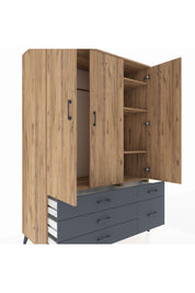 Kronos Dolap 5 Raflı 5 Çekmeceli Tek Askılı 132x59x195 Çam-Çam/Antrasit