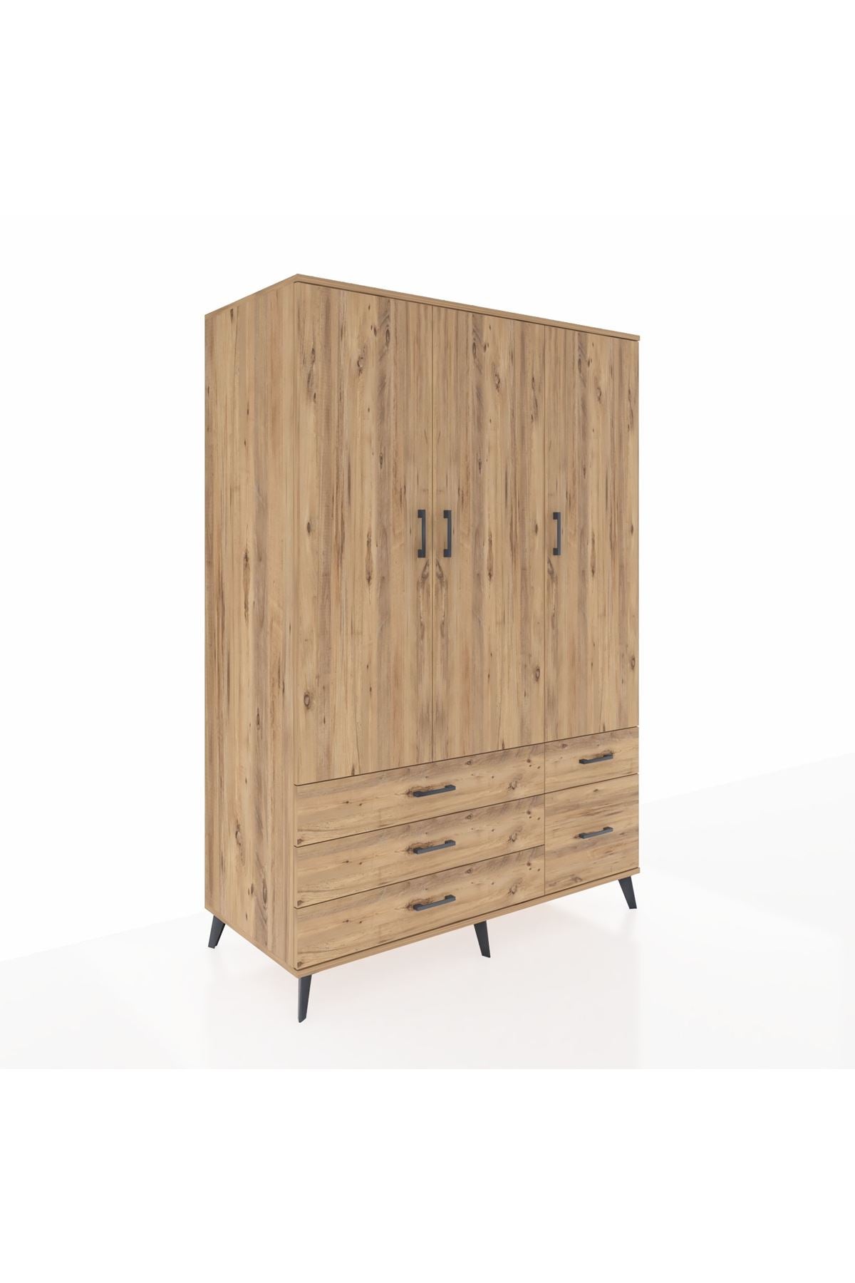 Kronos Dolap 5 Raflı 5 Çekmeceli Tek Askılı 132x59x195 Çam-Çam/Çam