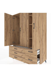 Kronos Dolap 5 Raflı 5 Çekmeceli Tek Askılı 132x59x195 Çam-Çam/Çam