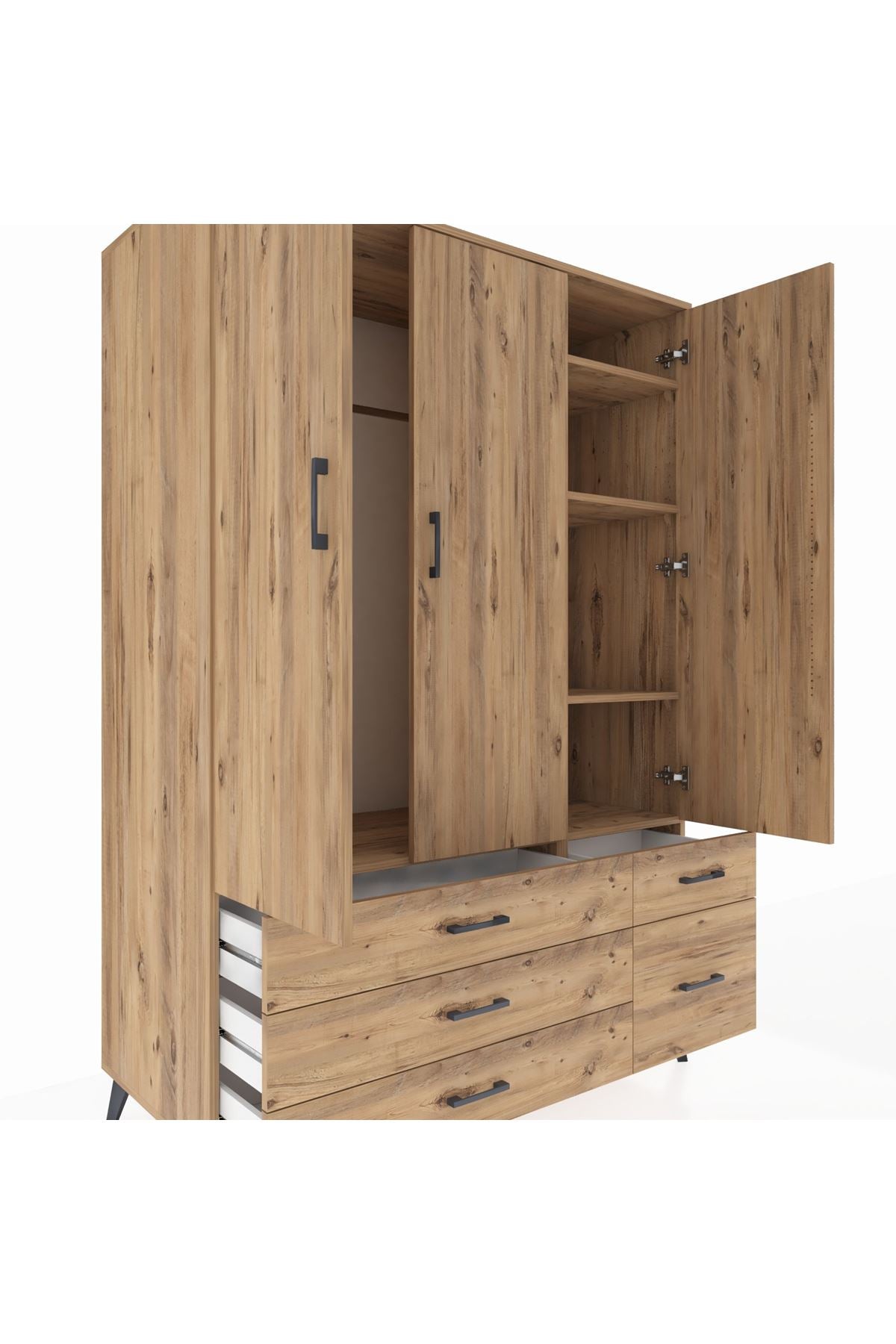 Kronos Dolap 5 Raflı 5 Çekmeceli Tek Askılı 132x59x195 Çam-Çam/Çam