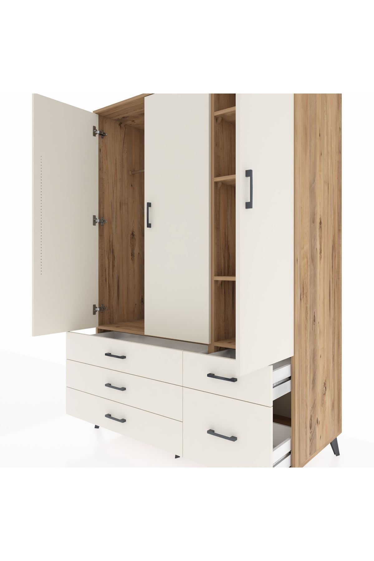 Kronos Dolap 5 Raflı 5 Çekmeceli Tek Askılı 132x59x195 Çam-Aytaşı/Aytaşı