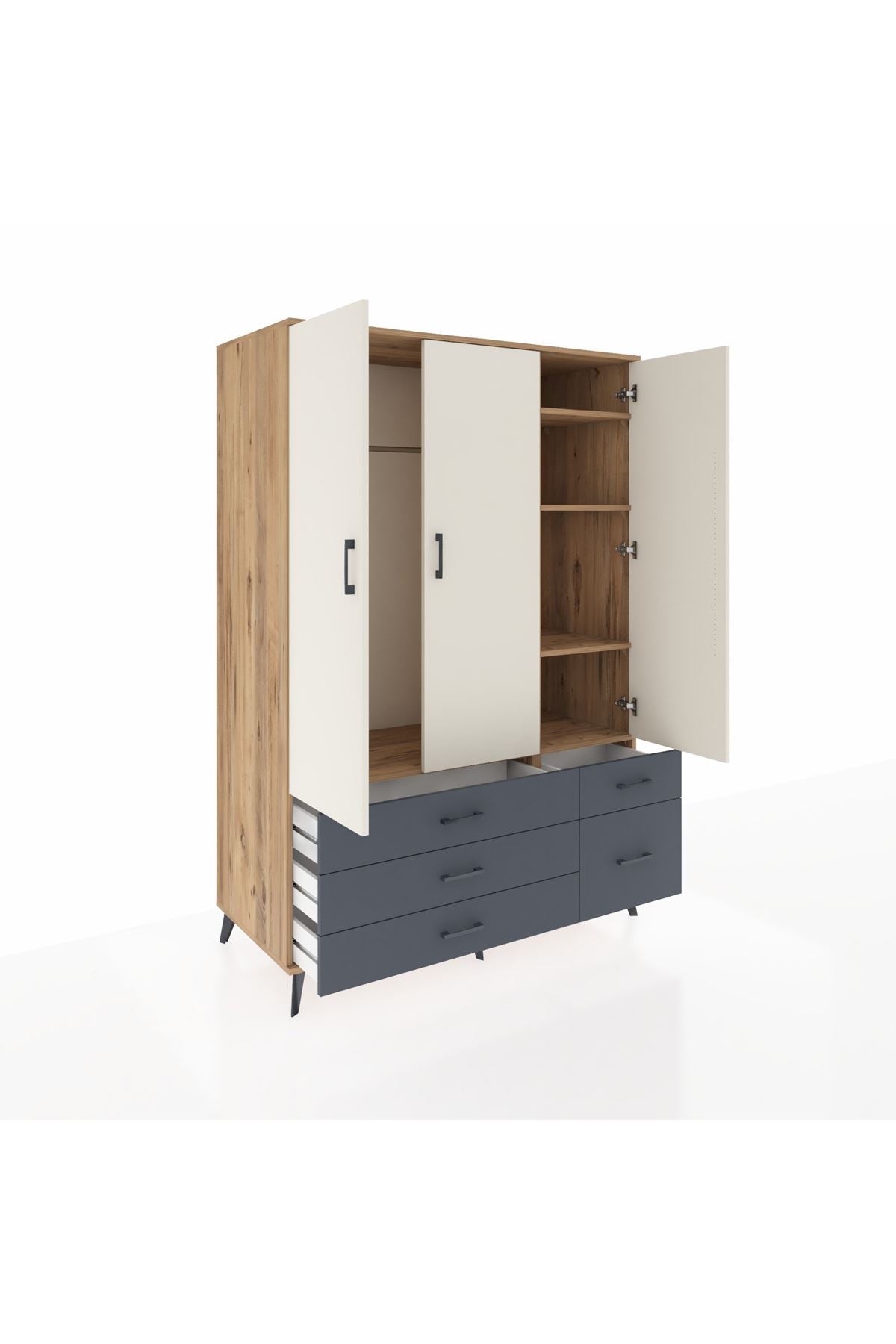 Kronos Dolap 5 Raflı 5 Çekmeceli Tek Askılı 132x59x195 Çam-Aytaşı/Antrasit