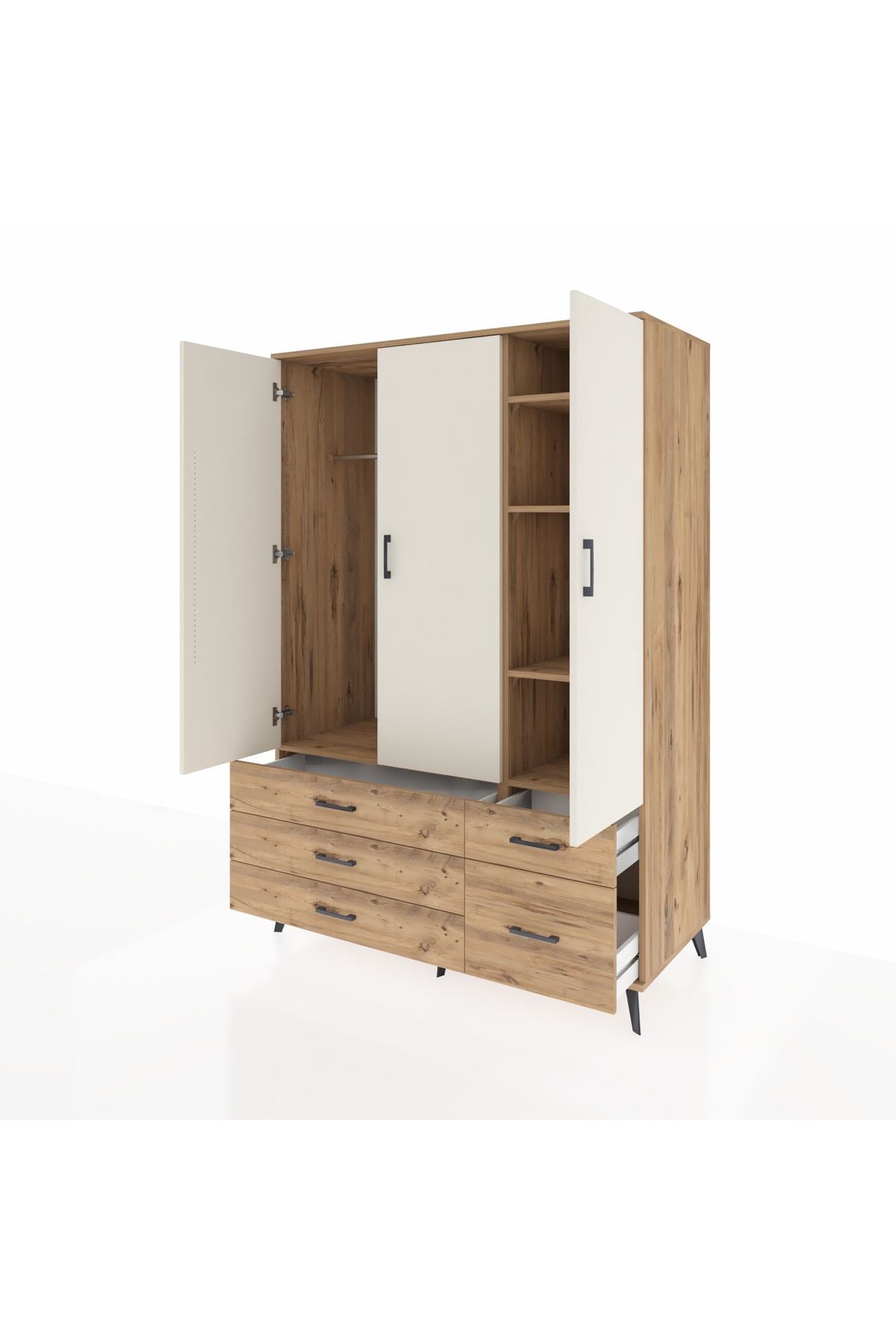 Kronos Dolap 5 Raflı 5 Çekmeceli Tek Askılı 132x59x195 Çam-Aytaşı/Çam