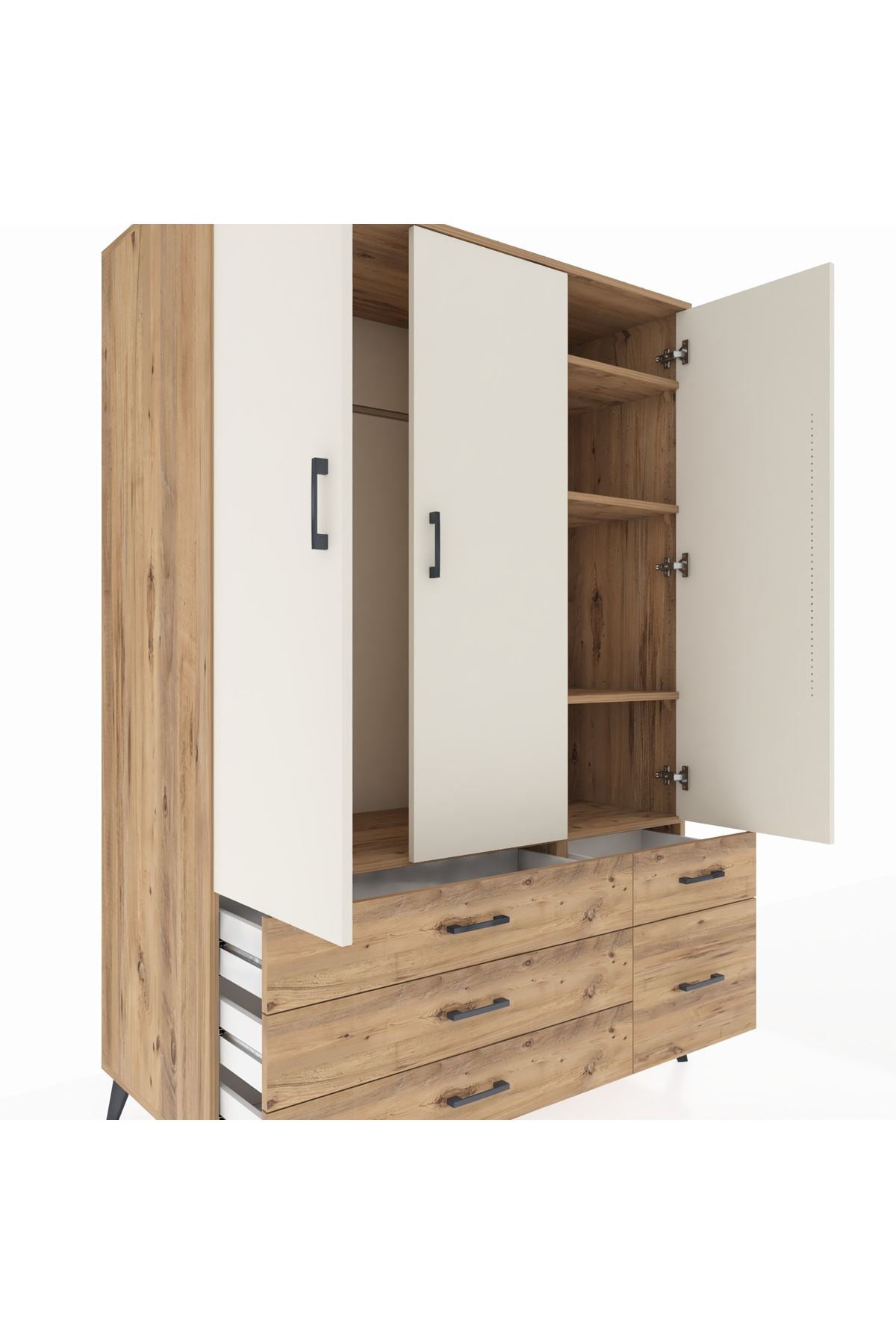 Kronos Dolap 5 Raflı 5 Çekmeceli Tek Askılı 132x59x195 Çam-Aytaşı/Çam