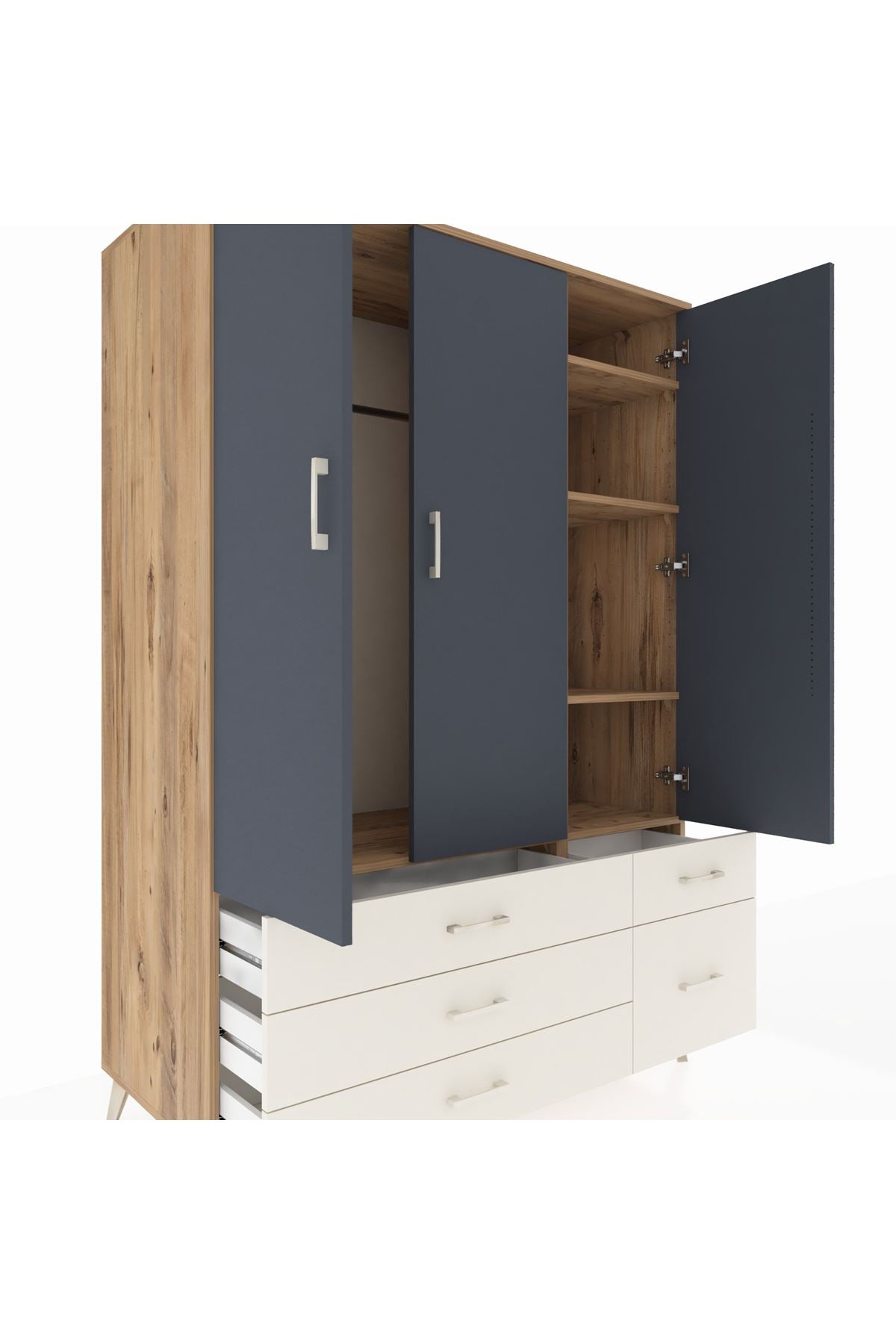 Kronos Dolap 5 Raflı 5 Çekmeceli Tek Askılı 132x59x195 Çam-Antrasit/Aytaşı