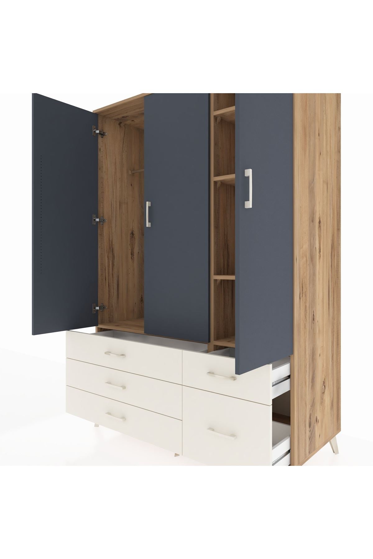 Kronos Dolap 5 Raflı 5 Çekmeceli Tek Askılı 132x59x195 Çam-Antrasit/Aytaşı