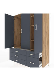 Kronos Dolap 5 Raflı 5 Çekmeceli Tek Askılı 132x59x195 Çam-Antrasit/Antrasit