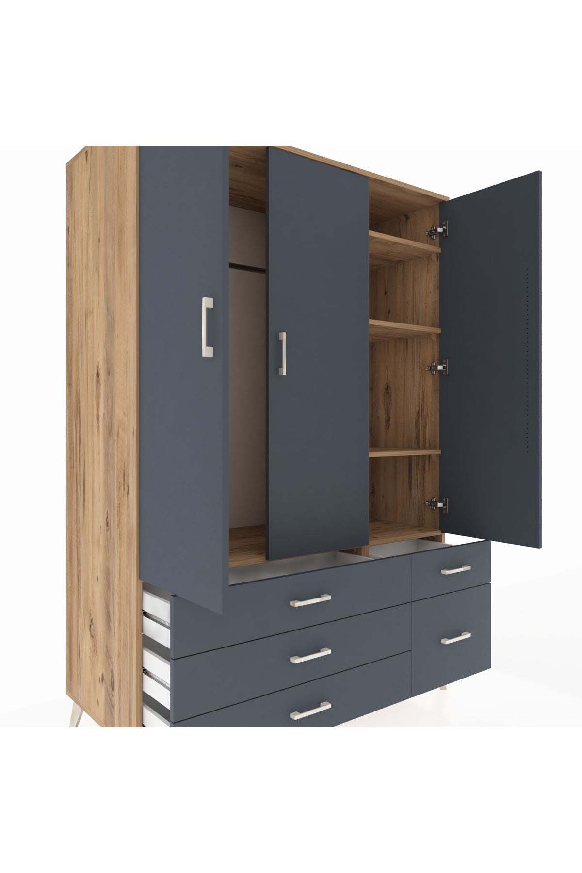 Kronos Dolap 5 Raflı 5 Çekmeceli Tek Askılı 132x59x195 Çam-Antrasit/Antrasit