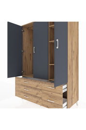 Kronos Dolap 5 Raflı 5 Çekmeceli Tek Askılı 132x59x195 Çam-Antrasit/Çam