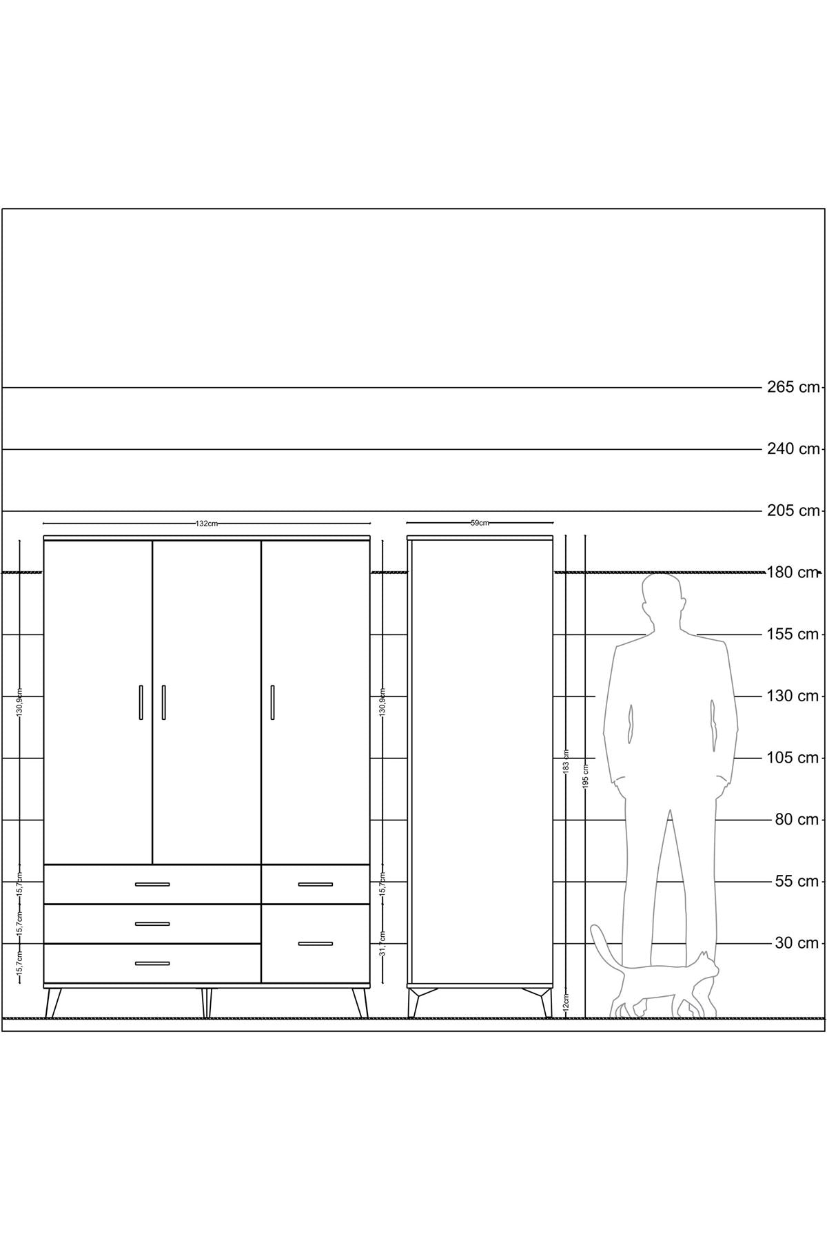 Kronos Dolap 5 Raflı 5 Çekmeceli Tek Askılı 132x59x195 Çam-Antrasit/Çam