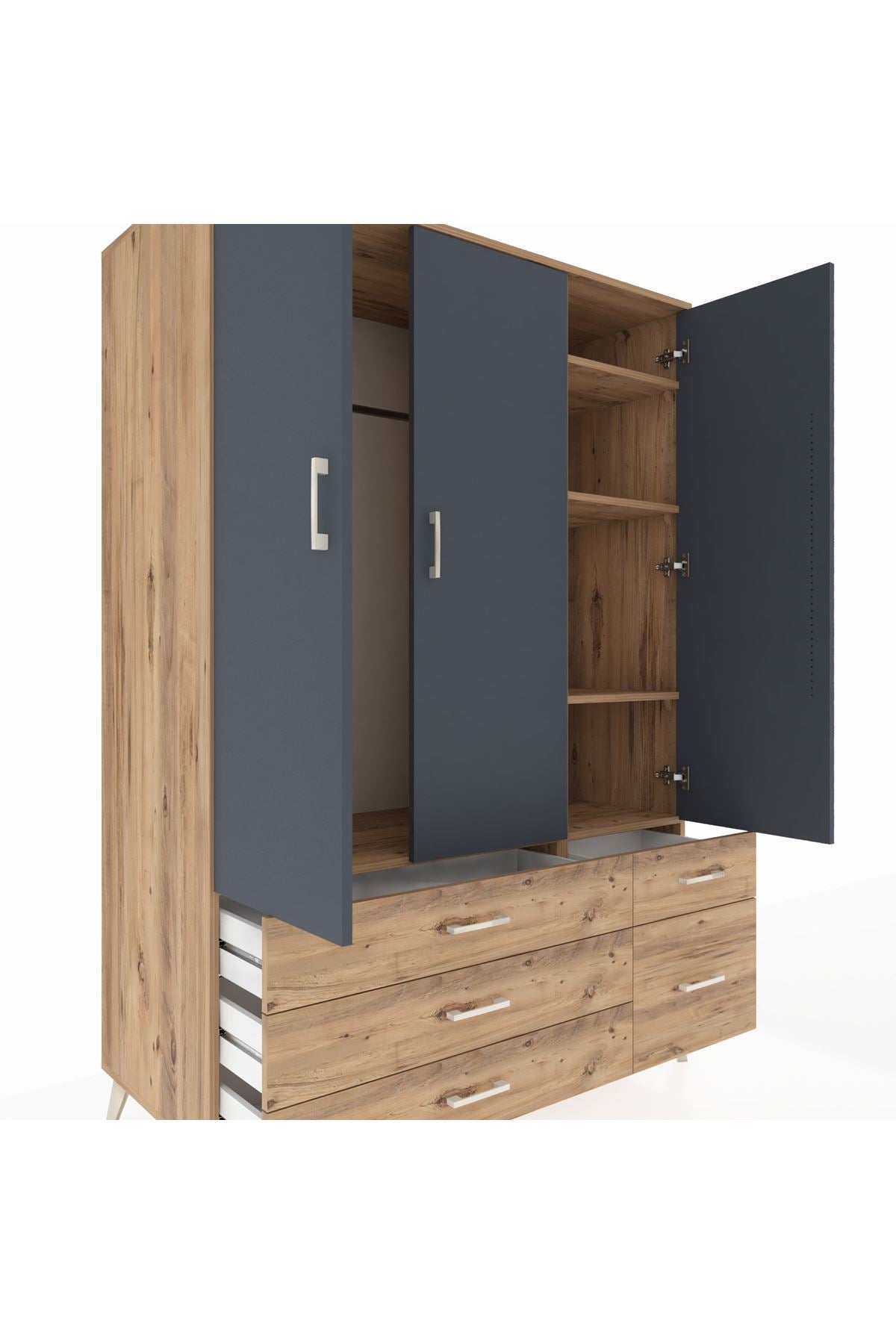 Kronos Dolap 5 Raflı 5 Çekmeceli Tek Askılı 132x59x195 Çam-Antrasit/Çam