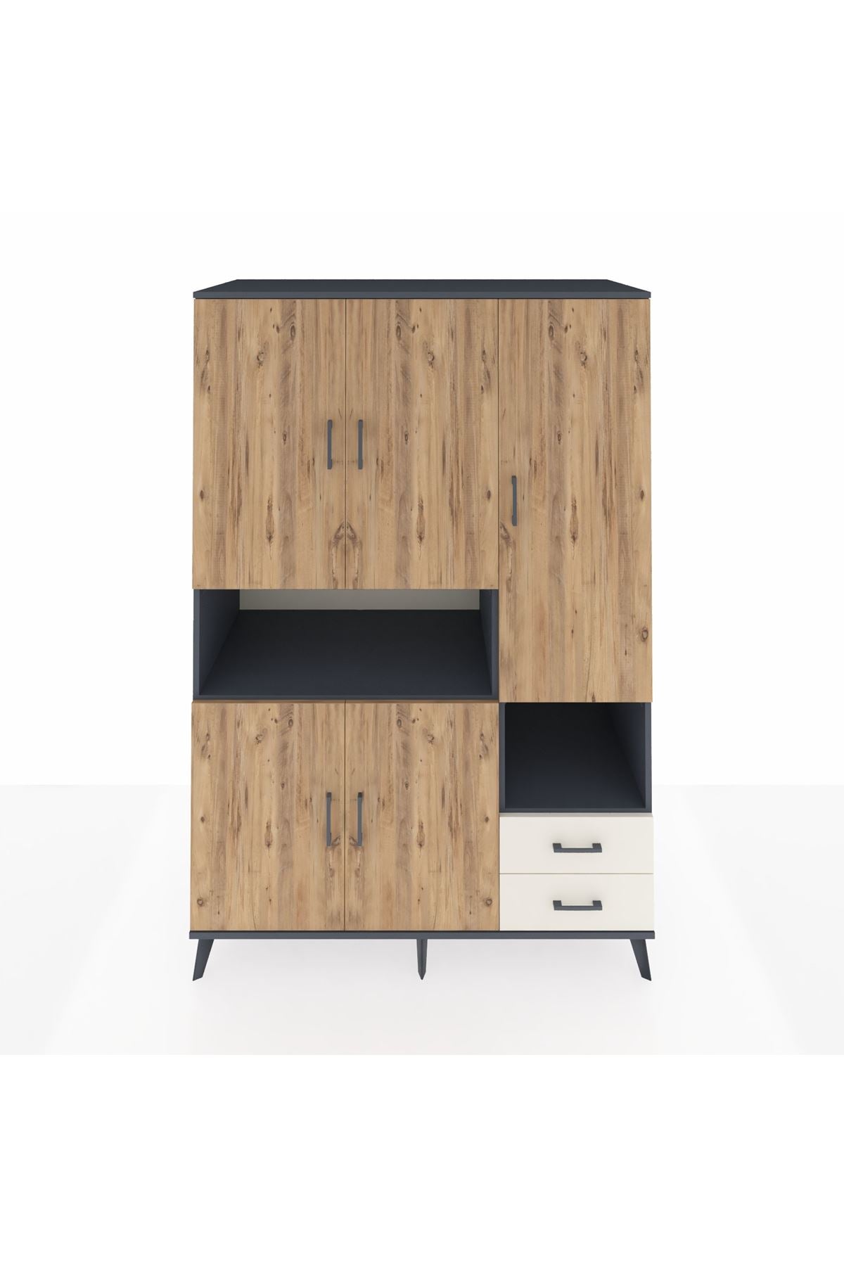 Kronos Dolap 10 Raflı 2 Çekmeceli 5 Kapaklı 132x59x195 Antrasit-Çam/Aytaşı