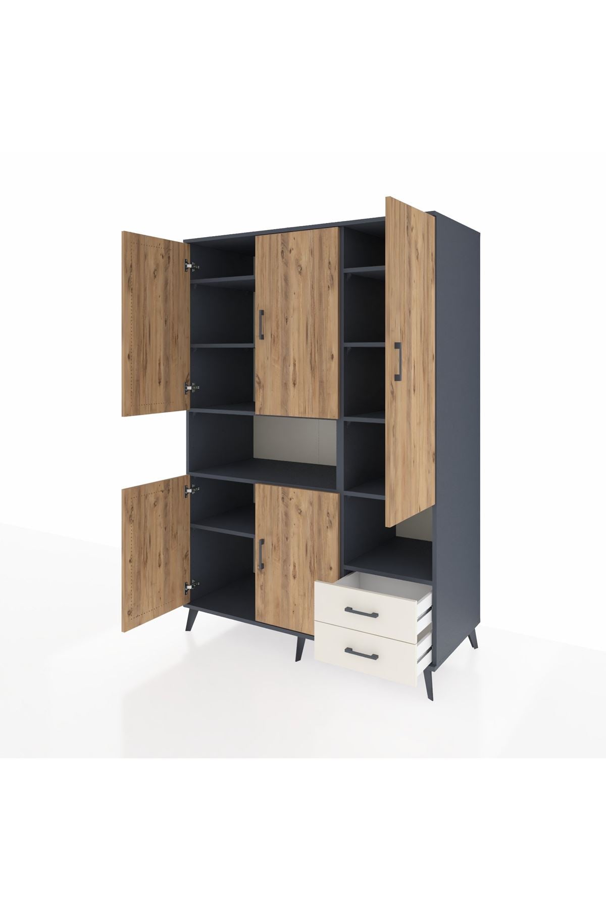 Kronos Dolap 10 Raflı 2 Çekmeceli 5 Kapaklı 132x59x195 Antrasit-Çam/Aytaşı