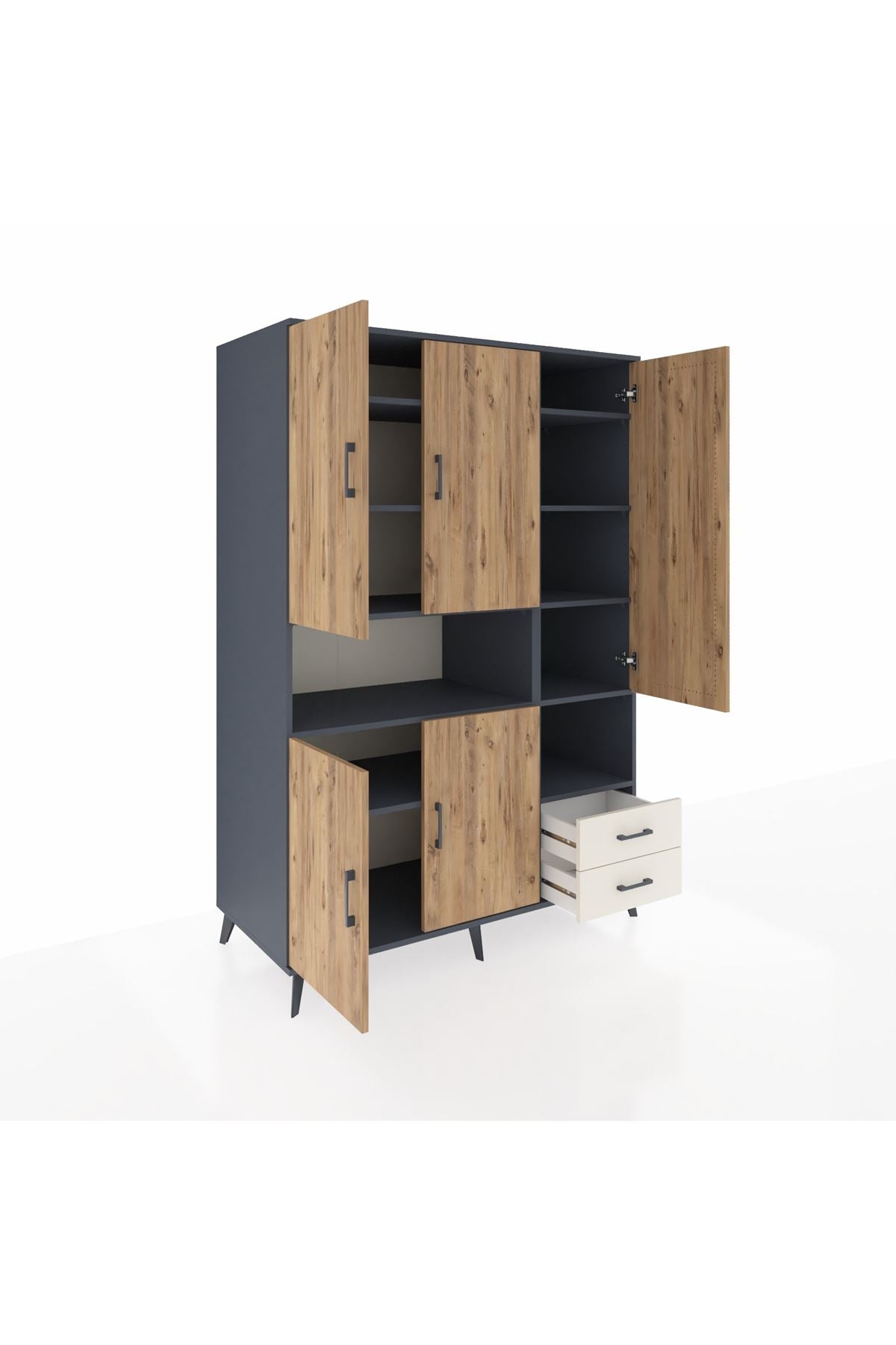 Kronos Dolap 10 Raflı 2 Çekmeceli 5 Kapaklı 132x59x195 Antrasit-Çam/Aytaşı