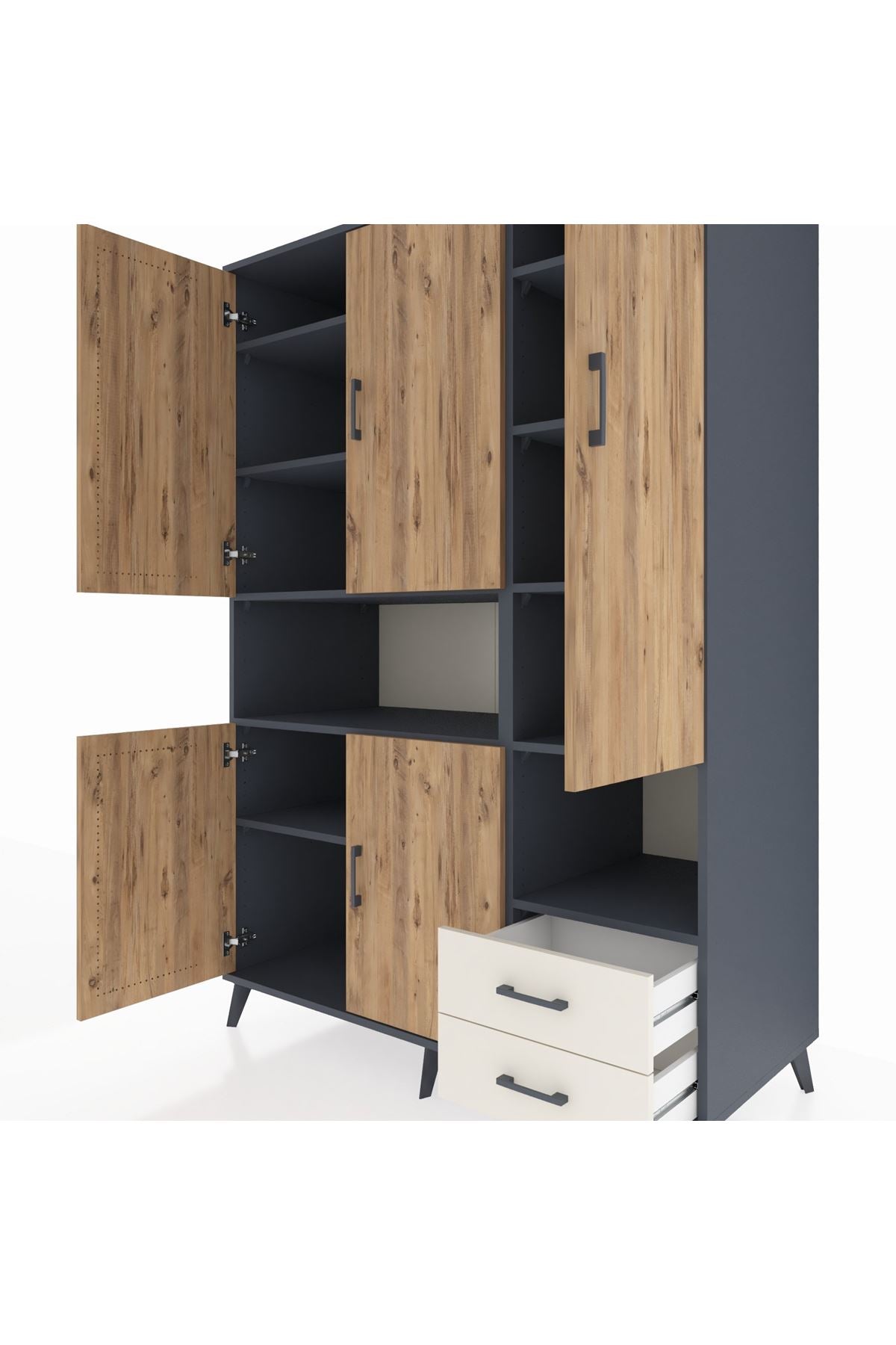 Kronos Dolap 10 Raflı 2 Çekmeceli 5 Kapaklı 132x59x195 Antrasit-Çam/Aytaşı