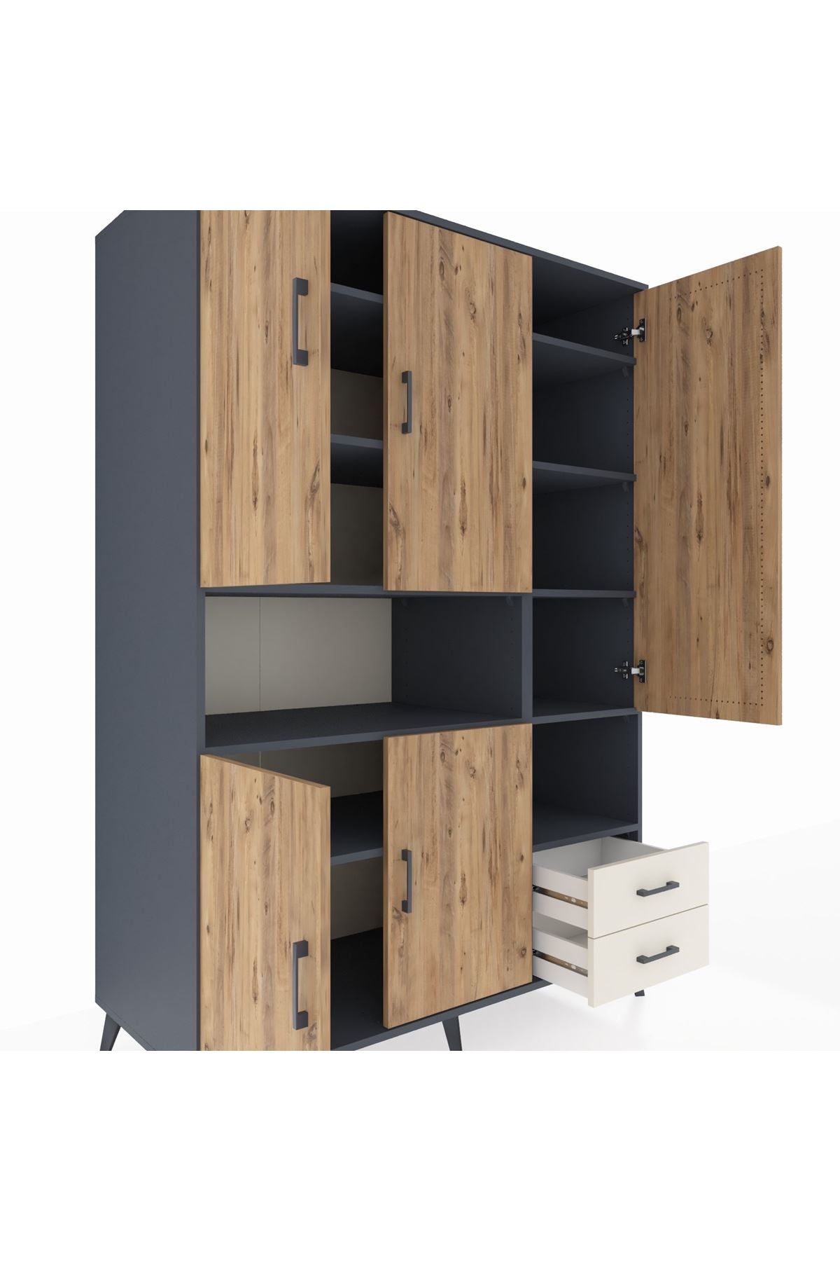 Kronos Dolap 10 Raflı 2 Çekmeceli 5 Kapaklı 132x59x195 Antrasit-Çam/Aytaşı