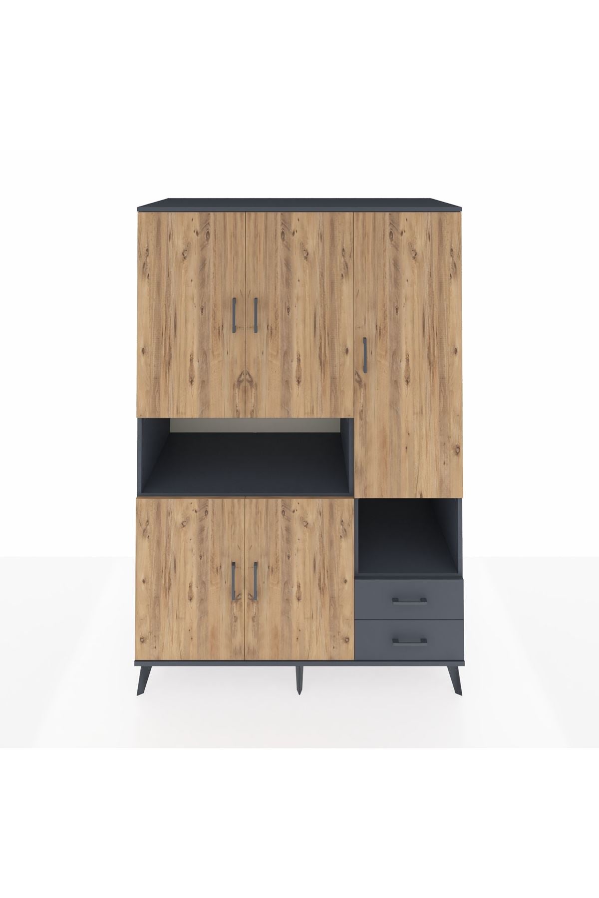 Kronos Dolap 10 Raflı 2 Çekmeceli 5 Kapaklı 132x59x195 Antrasit-Çam/Antrasit