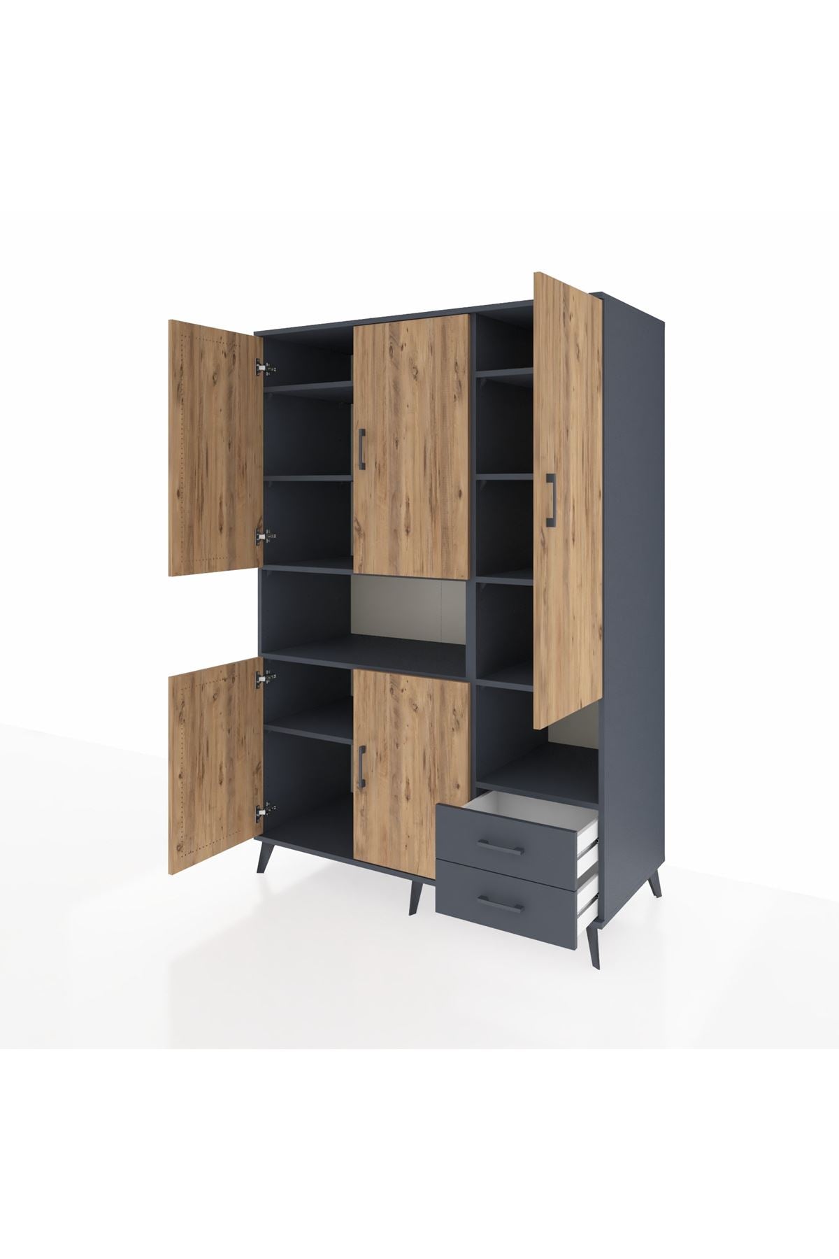 Kronos Dolap 10 Raflı 2 Çekmeceli 5 Kapaklı 132x59x195 Antrasit-Çam/Antrasit