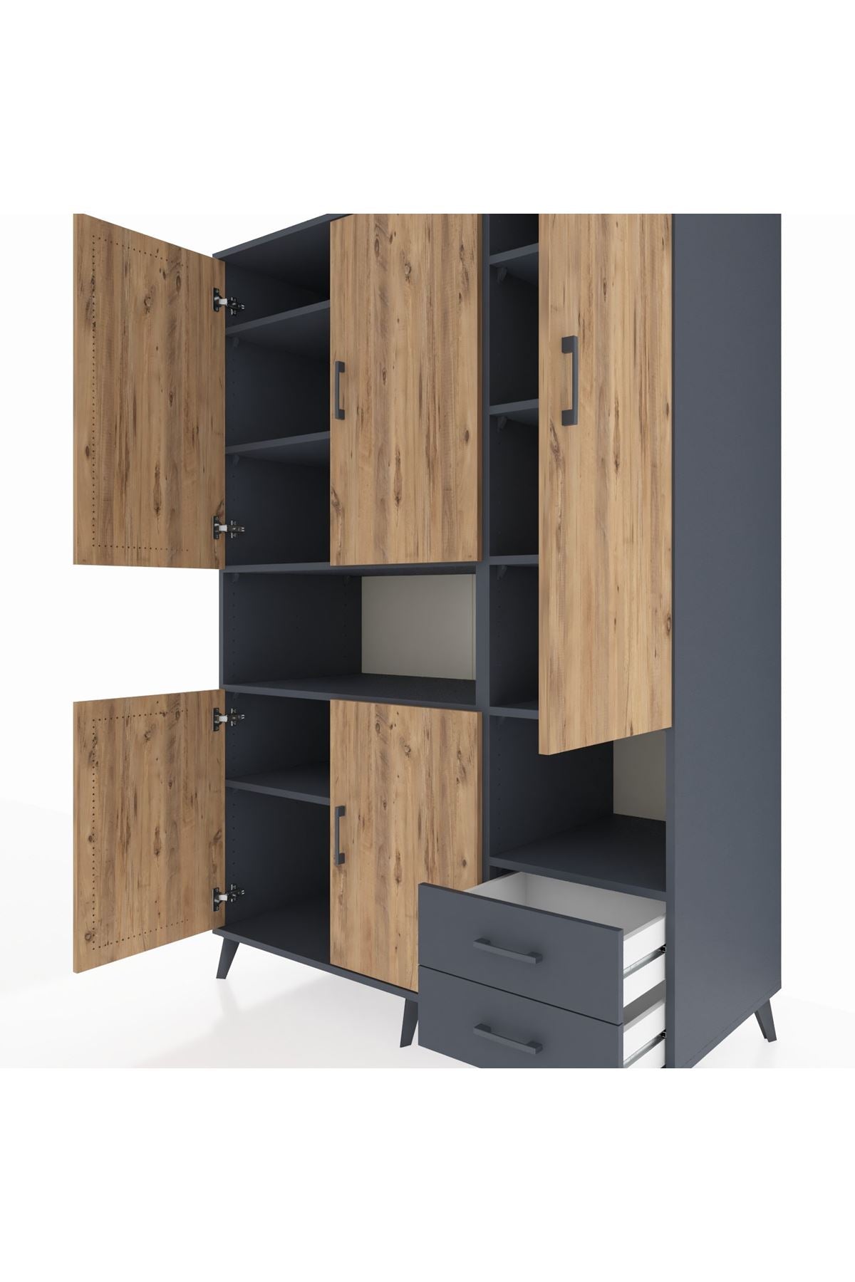 Kronos Dolap 10 Raflı 2 Çekmeceli 5 Kapaklı 132x59x195 Antrasit-Çam/Antrasit
