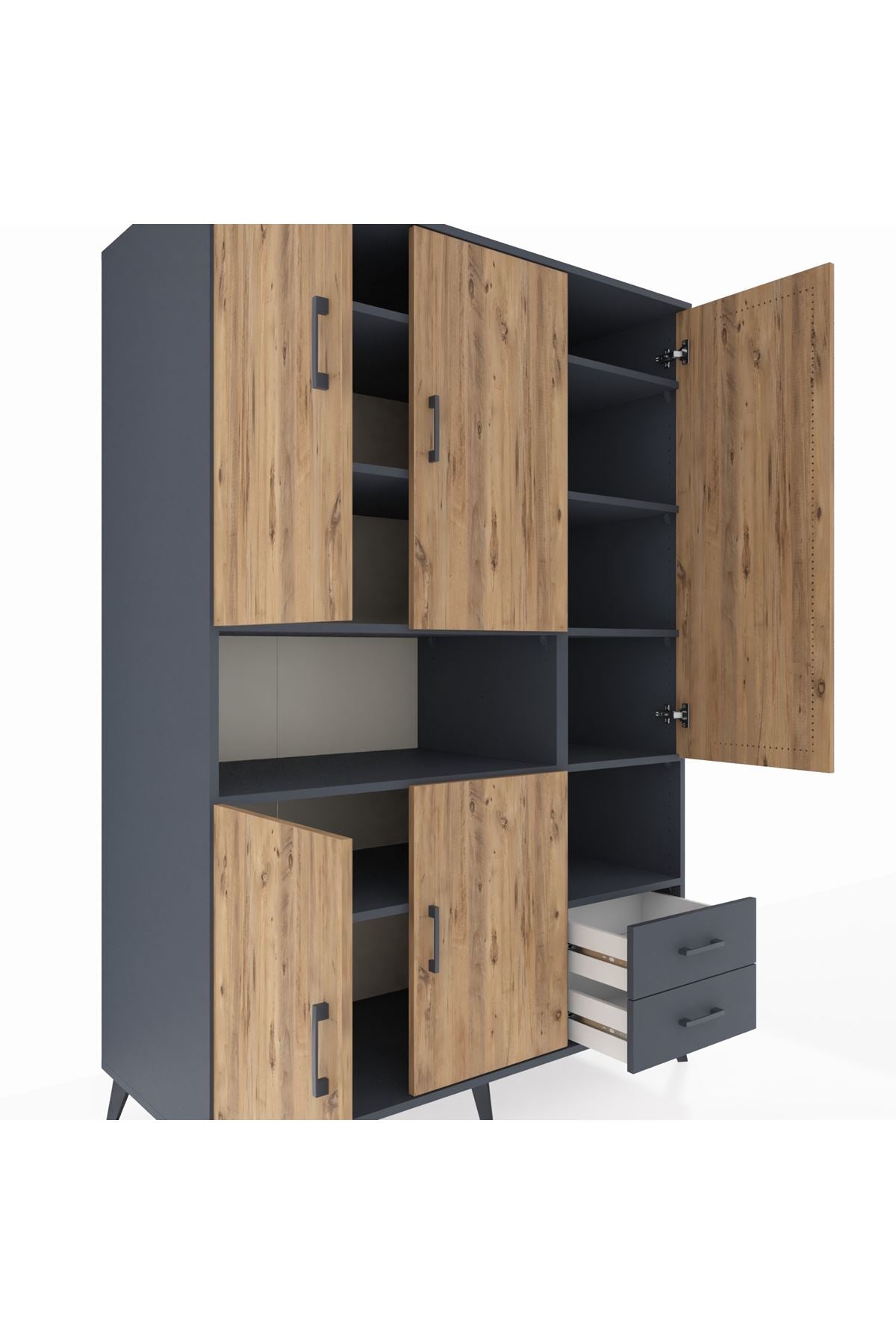 Kronos Dolap 10 Raflı 2 Çekmeceli 5 Kapaklı 132x59x195 Antrasit-Çam/Antrasit