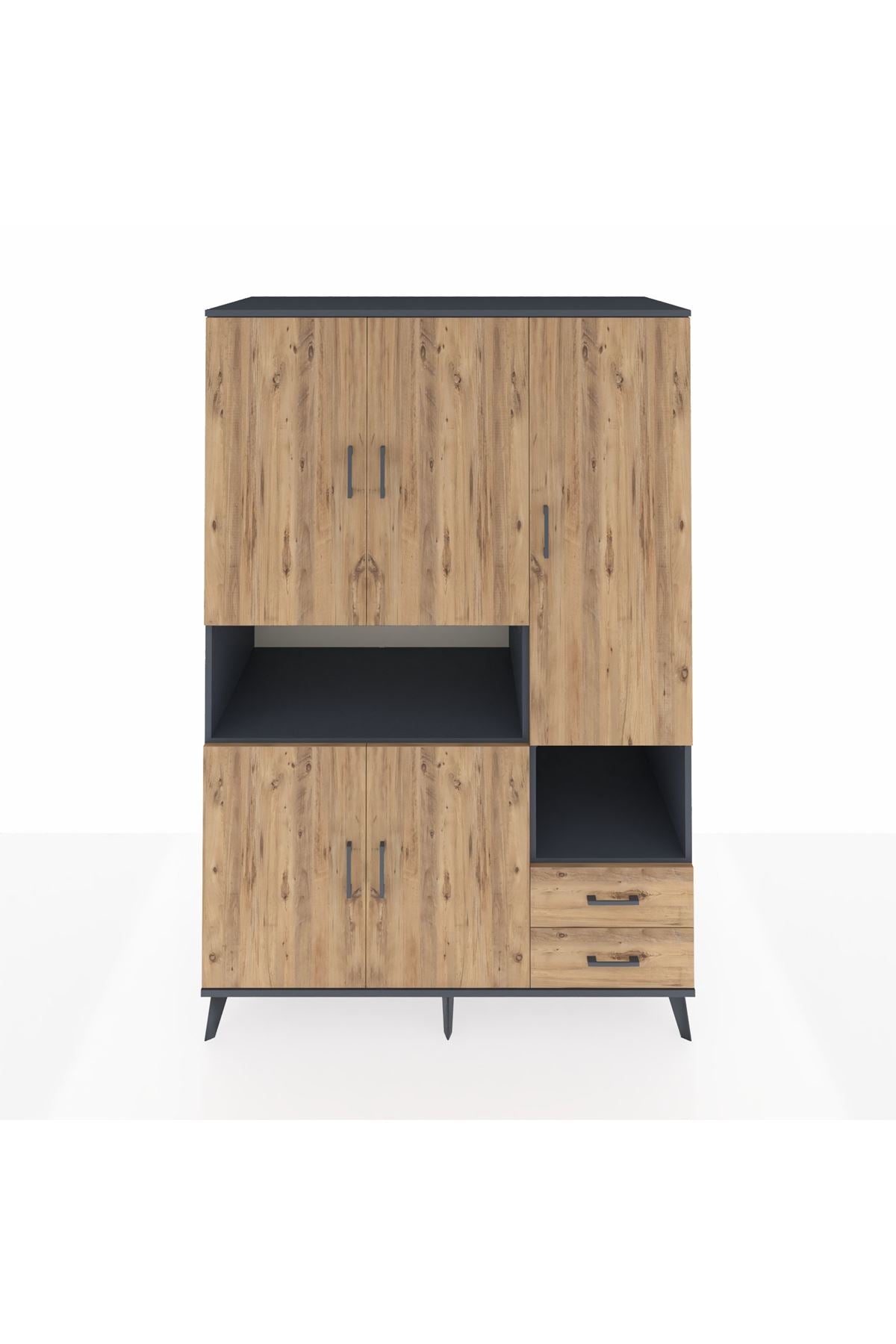 Kronos Dolap 10 Raflı 2 Çekmeceli 5 Kapaklı 132x59x195 Antrasit-Çam/Çam