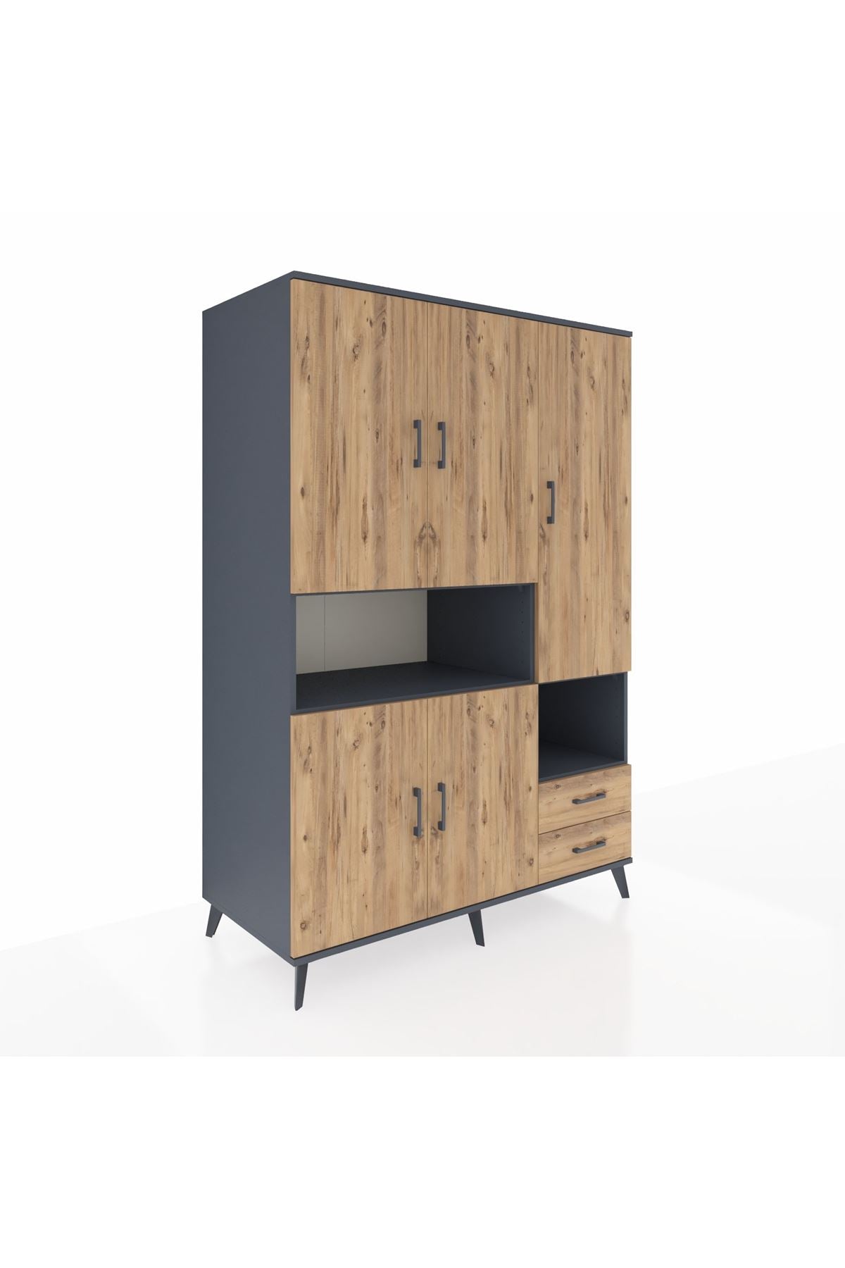 Kronos Dolap 10 Raflı 2 Çekmeceli 5 Kapaklı 132x59x195 Antrasit-Çam/Çam