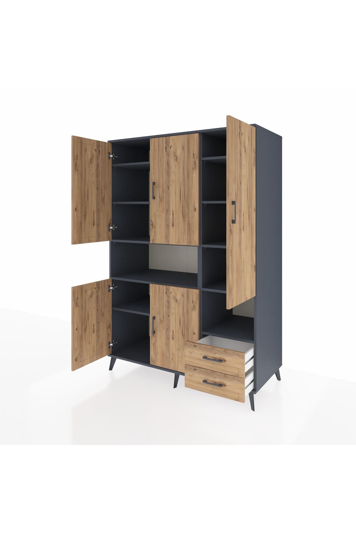 Kronos Dolap 10 Raflı 2 Çekmeceli 5 Kapaklı 132x59x195 Antrasit-Çam/Çam