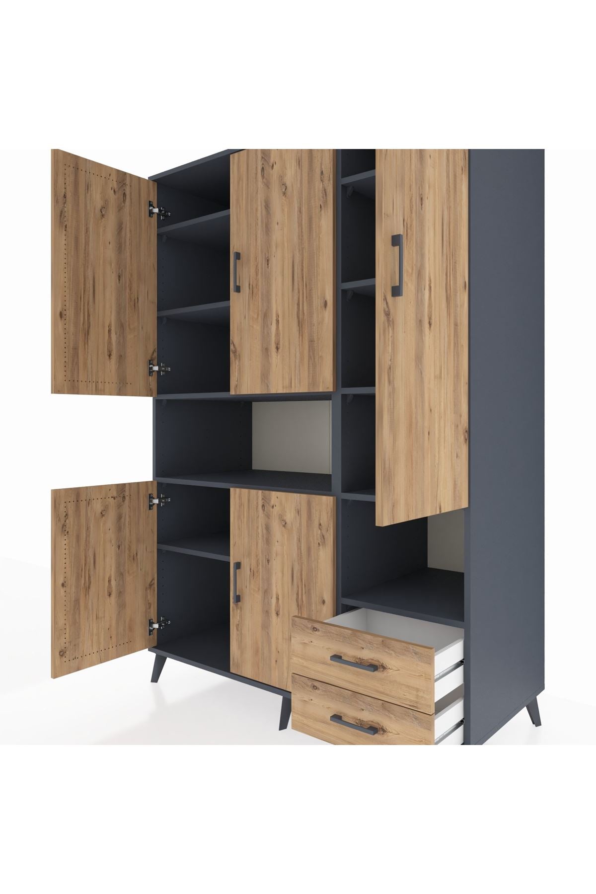 Kronos Dolap 10 Raflı 2 Çekmeceli 5 Kapaklı 132x59x195 Antrasit-Çam/Çam