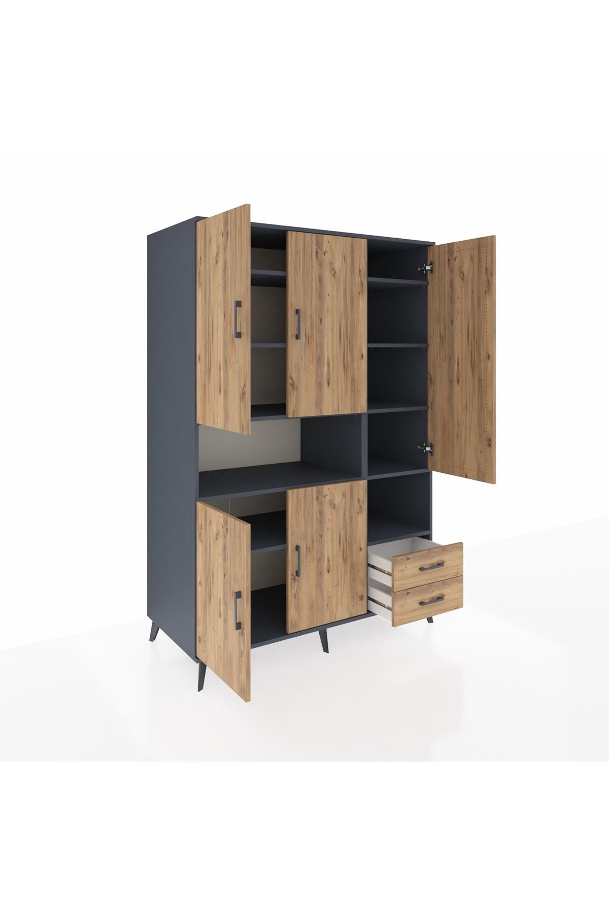 Kronos Dolap 10 Raflı 2 Çekmeceli 5 Kapaklı 132x59x195 Antrasit-Çam/Çam