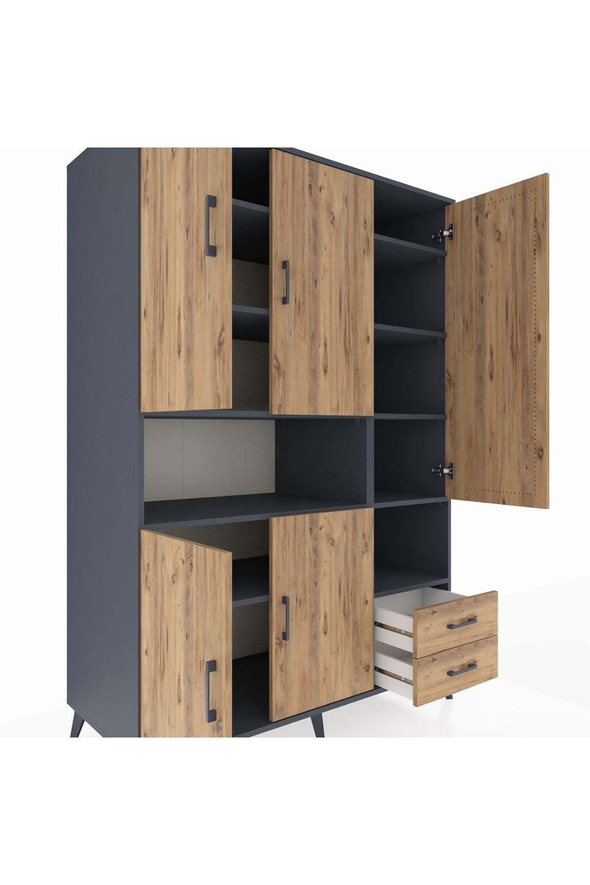 Kronos Dolap 10 Raflı 2 Çekmeceli 5 Kapaklı 132x59x195 Antrasit-Çam/Çam