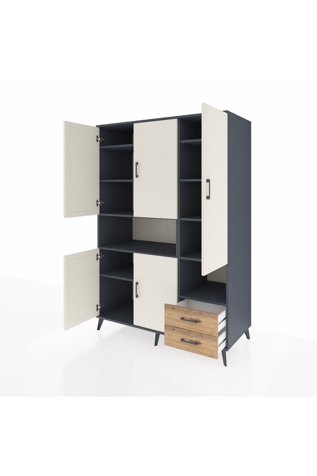 Kronos Dolap 10 Raflı 2 Çekmeceli 5 Kapaklı 132x59x195 Antrasit-Aytaşı/Çam