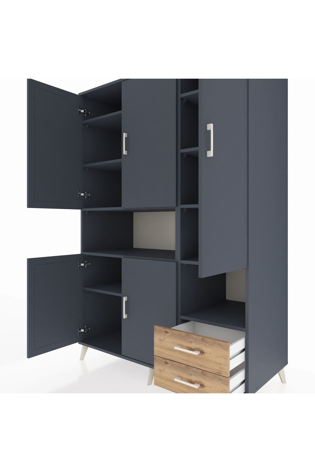 Kronos Dolap 10 Raflı 2 Çekmeceli 5 Kapaklı 132x59x195 Antrasit-Antrasit/Çam