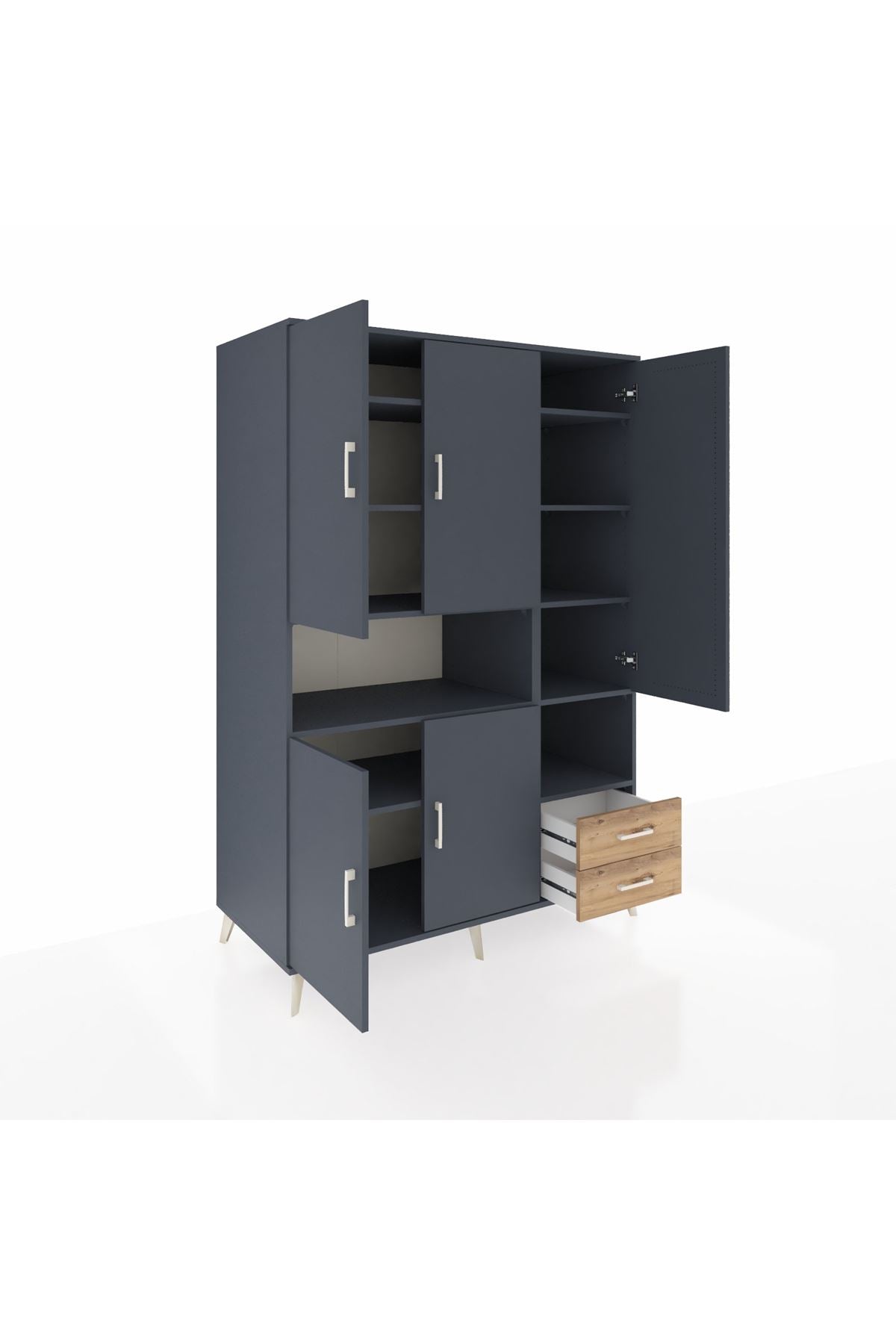 Kronos Dolap 10 Raflı 2 Çekmeceli 5 Kapaklı 132x59x195 Antrasit-Antrasit/Çam