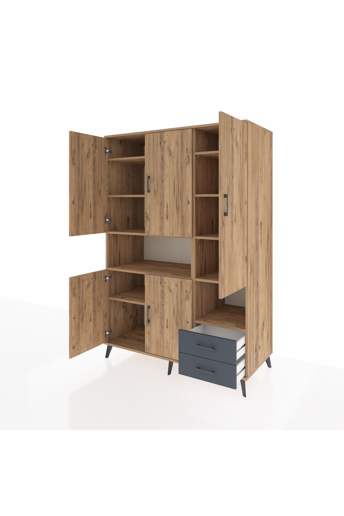 Kronos Dolap 10 Raflı 2 Çekmeceli 5 Kapaklı 132x59x195 Çam-Çam/Antrasit