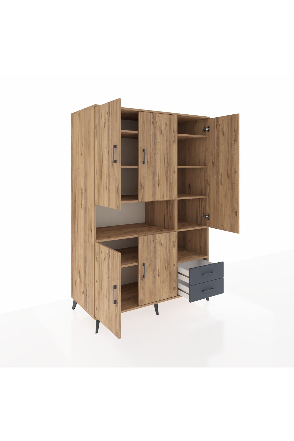 Kronos Dolap 10 Raflı 2 Çekmeceli 5 Kapaklı 132x59x195 Çam-Çam/Antrasit