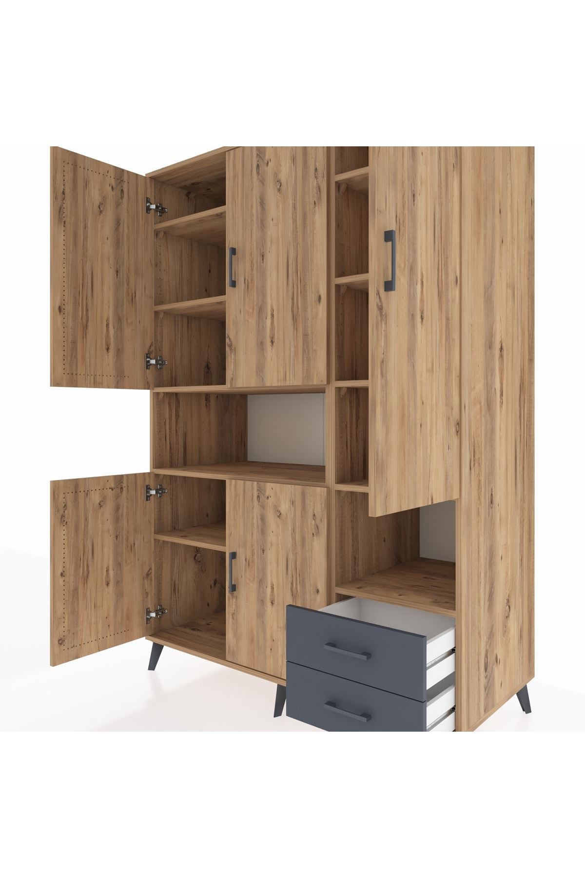 Kronos Dolap 10 Raflı 2 Çekmeceli 5 Kapaklı 132x59x195 Çam-Çam/Antrasit