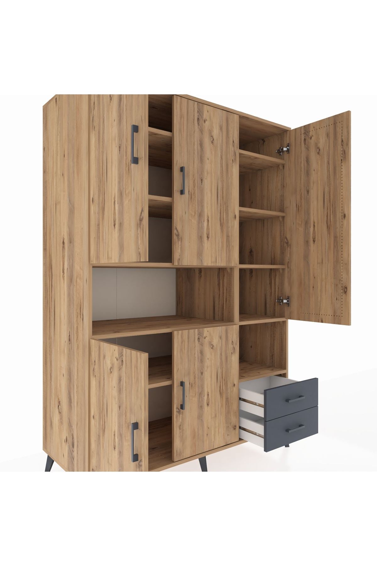 Kronos Dolap 10 Raflı 2 Çekmeceli 5 Kapaklı 132x59x195 Çam-Çam/Antrasit