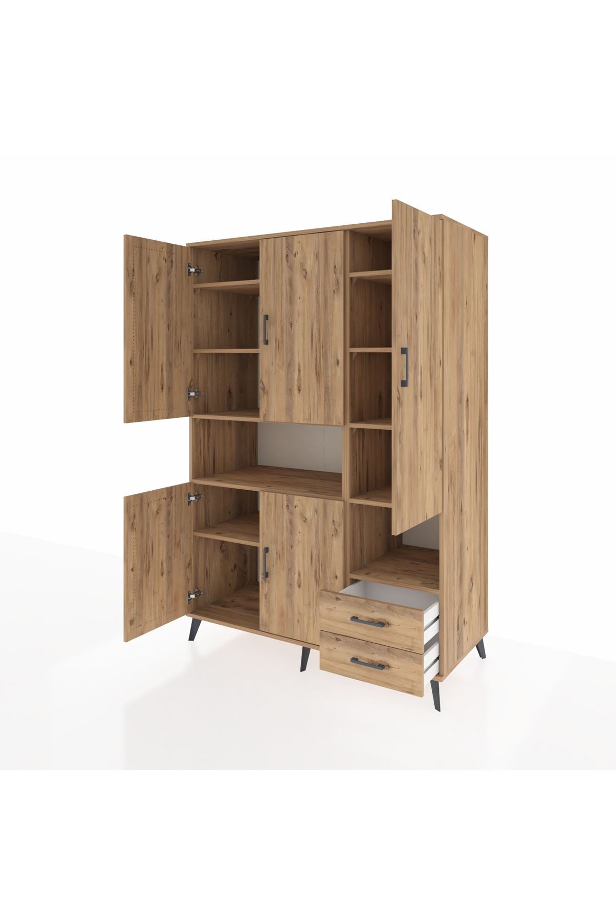 Kronos Dolap 10 Raflı 2 Çekmeceli 5 Kapaklı 132x59x195 Çam-Çam/Çam