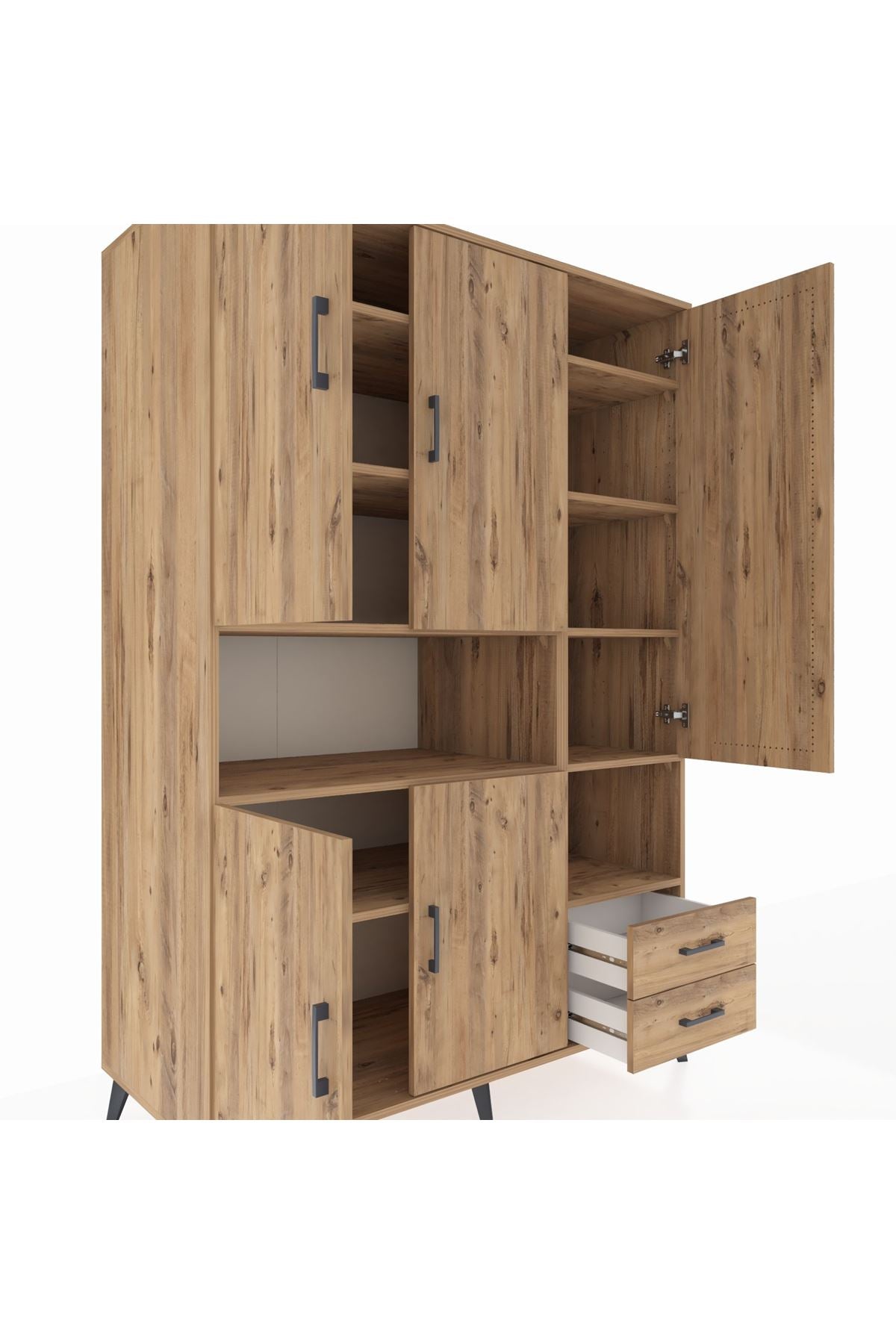 Kronos Dolap 10 Raflı 2 Çekmeceli 5 Kapaklı 132x59x195 Çam-Çam/Çam