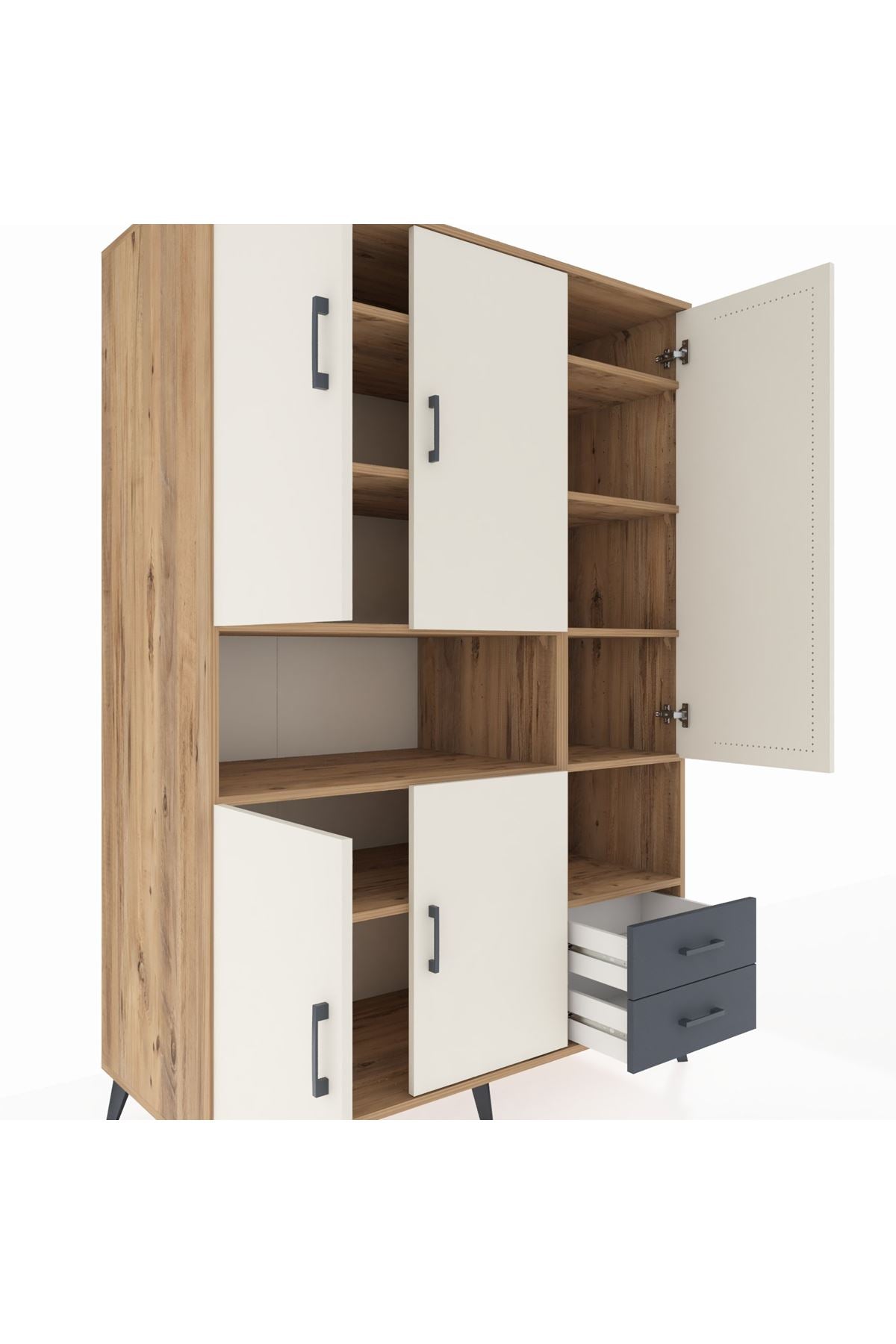 Kronos Dolap 10 Raflı 2 Çekmeceli 5 Kapaklı 132x59x195 Çam-Aytaşı/Antrasit