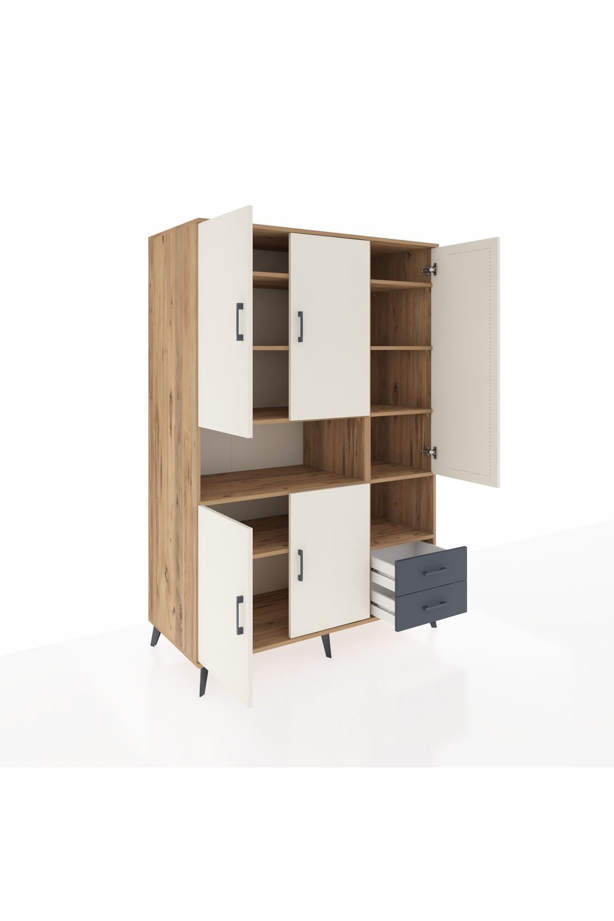 Kronos Dolap 10 Raflı 2 Çekmeceli 5 Kapaklı 132x59x195 Çam-Aytaşı/Antrasit